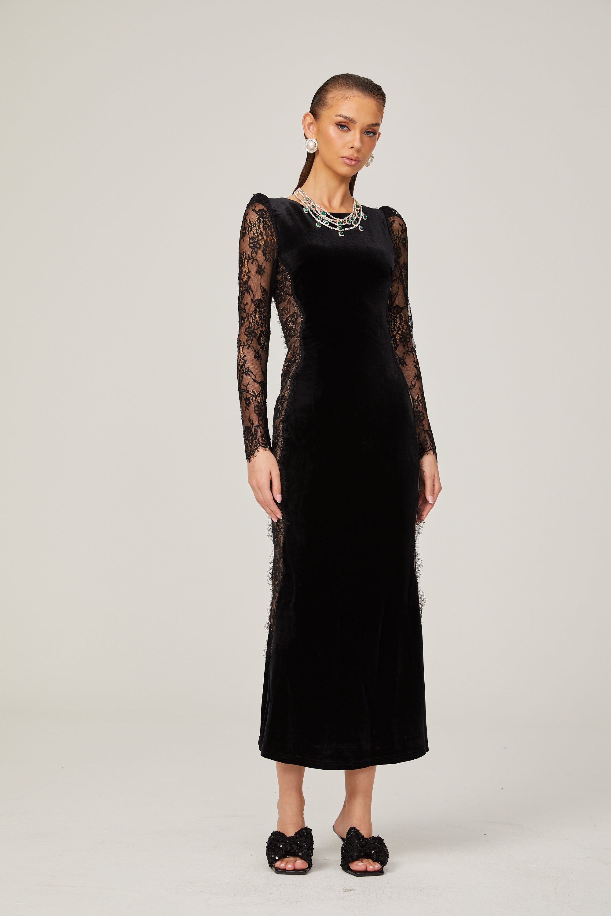 Hilaire black lace-panel open-back velvet midi dress