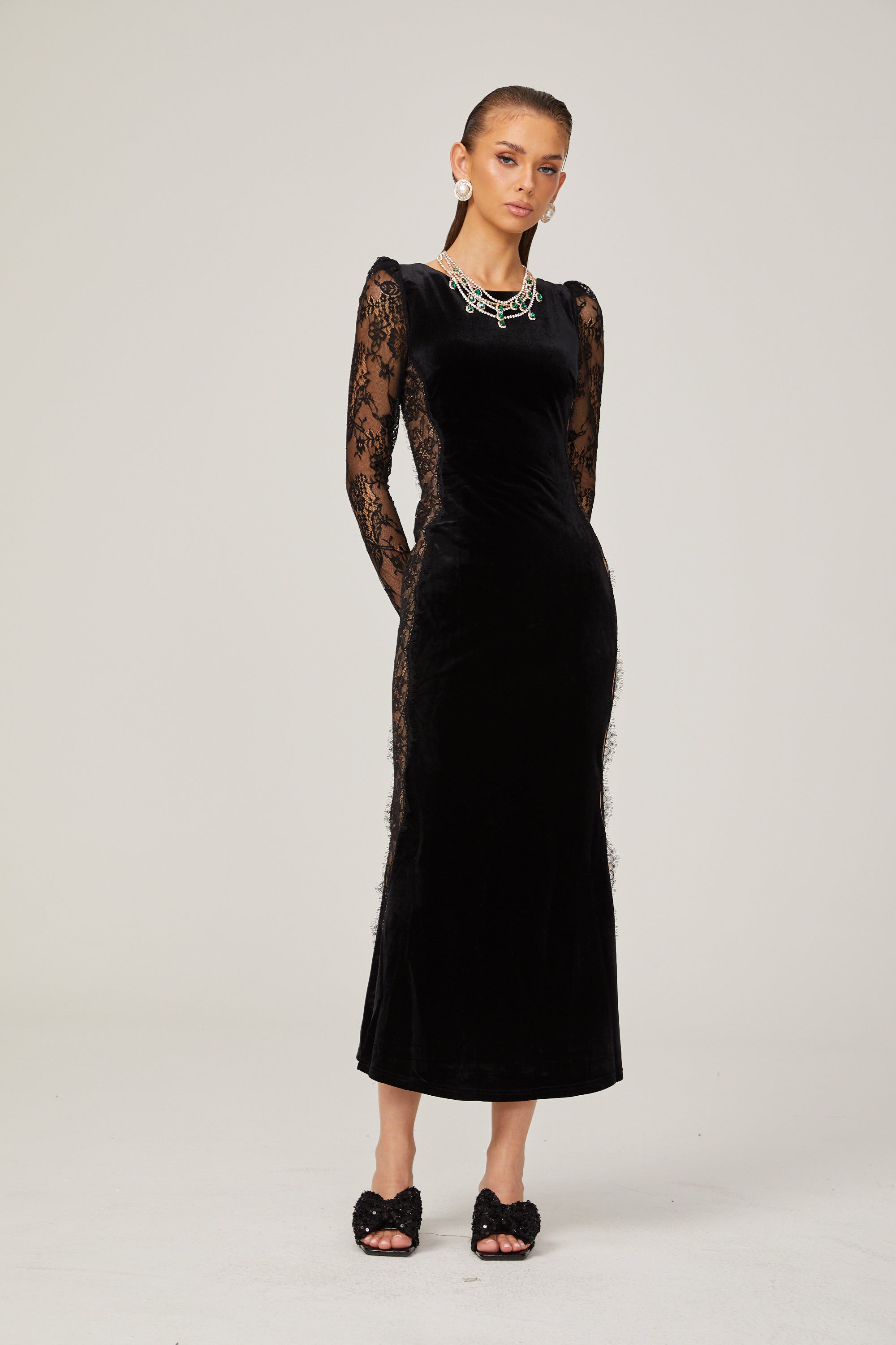 Hilaire black lace-panel open-back velvet midi dress