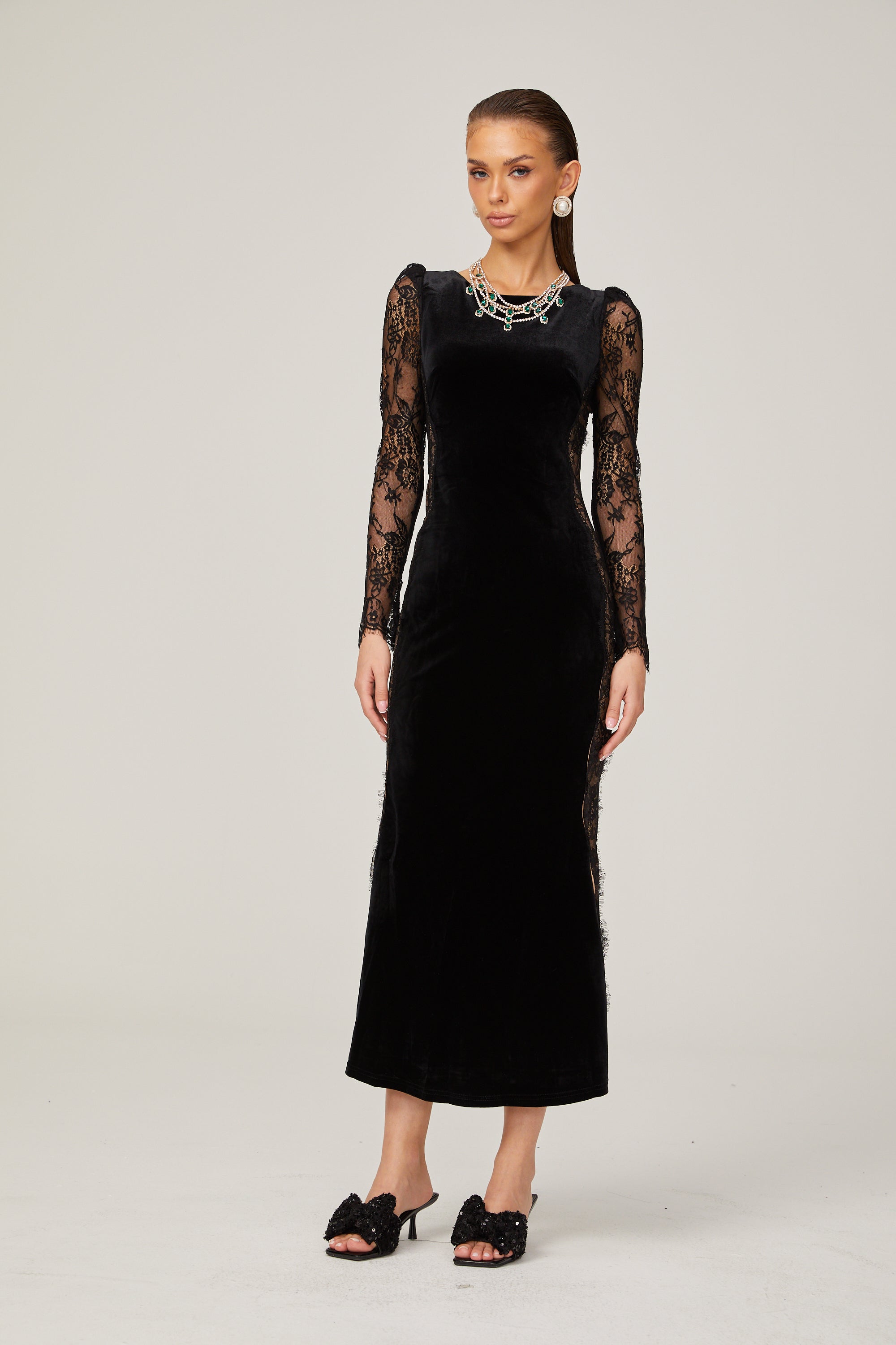 Hilaire black lace-panel open-back velvet midi dress