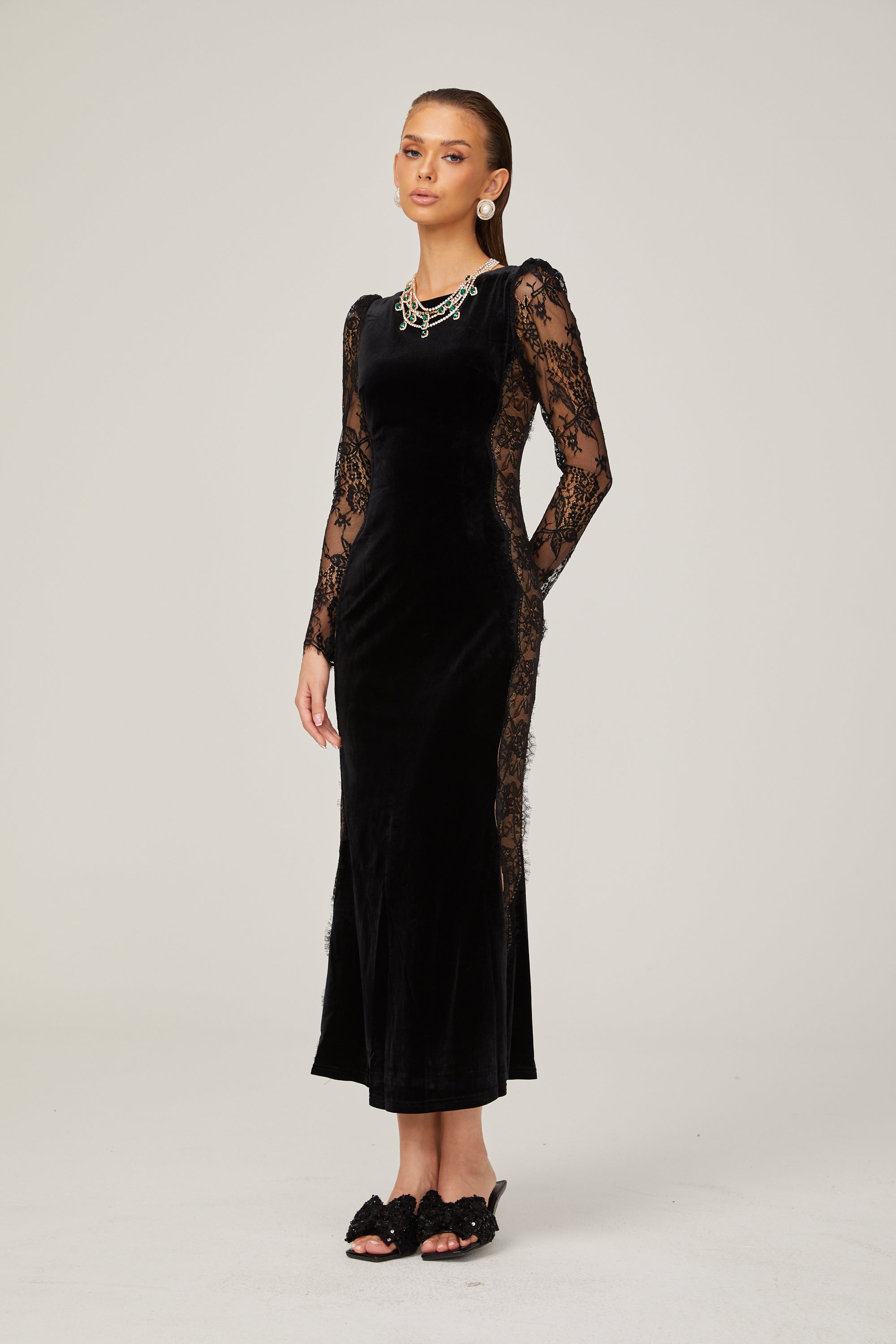 Hilaire black lace-panel open-back velvet midi dress