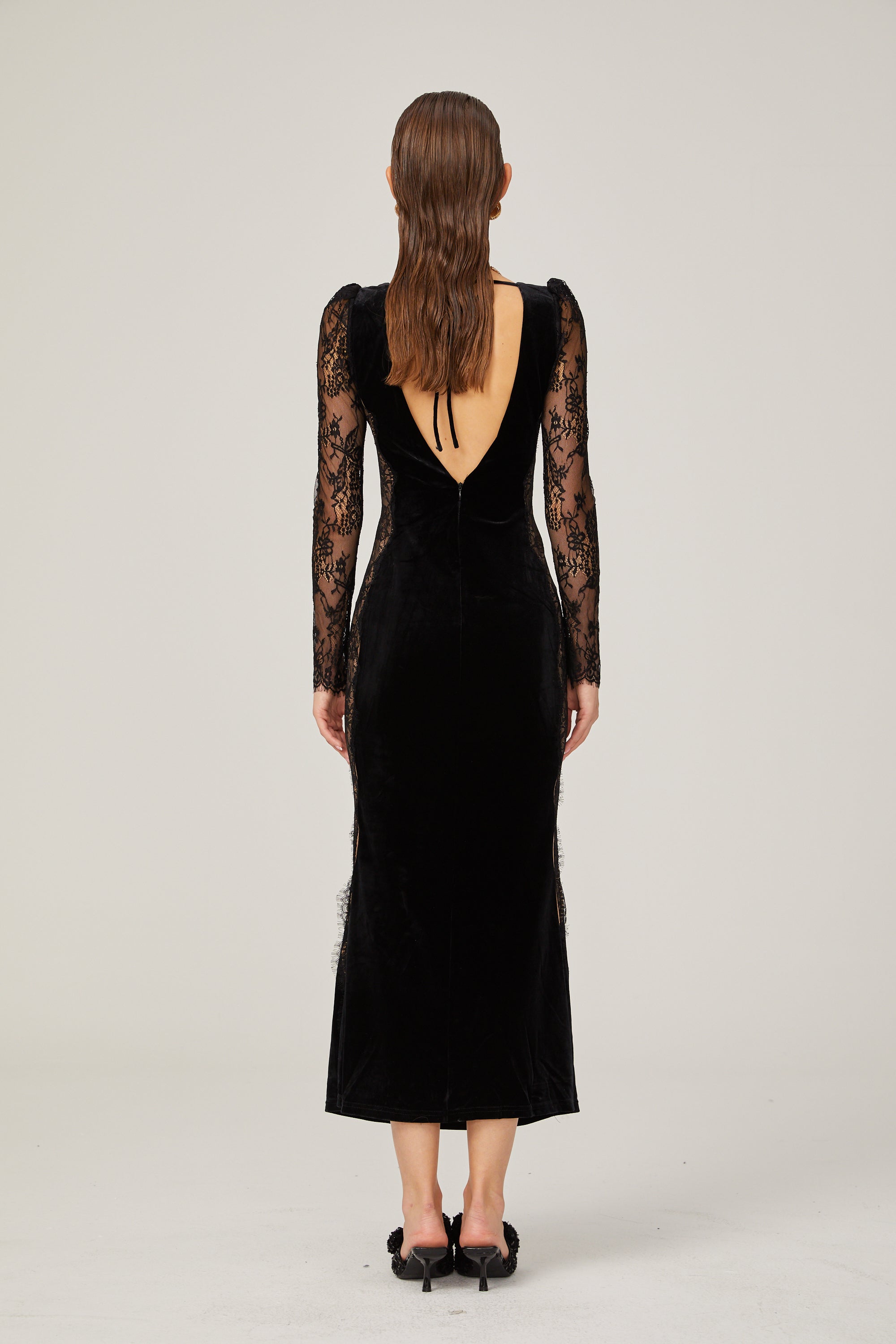 Hilaire black lace-panel open-back velvet midi dress