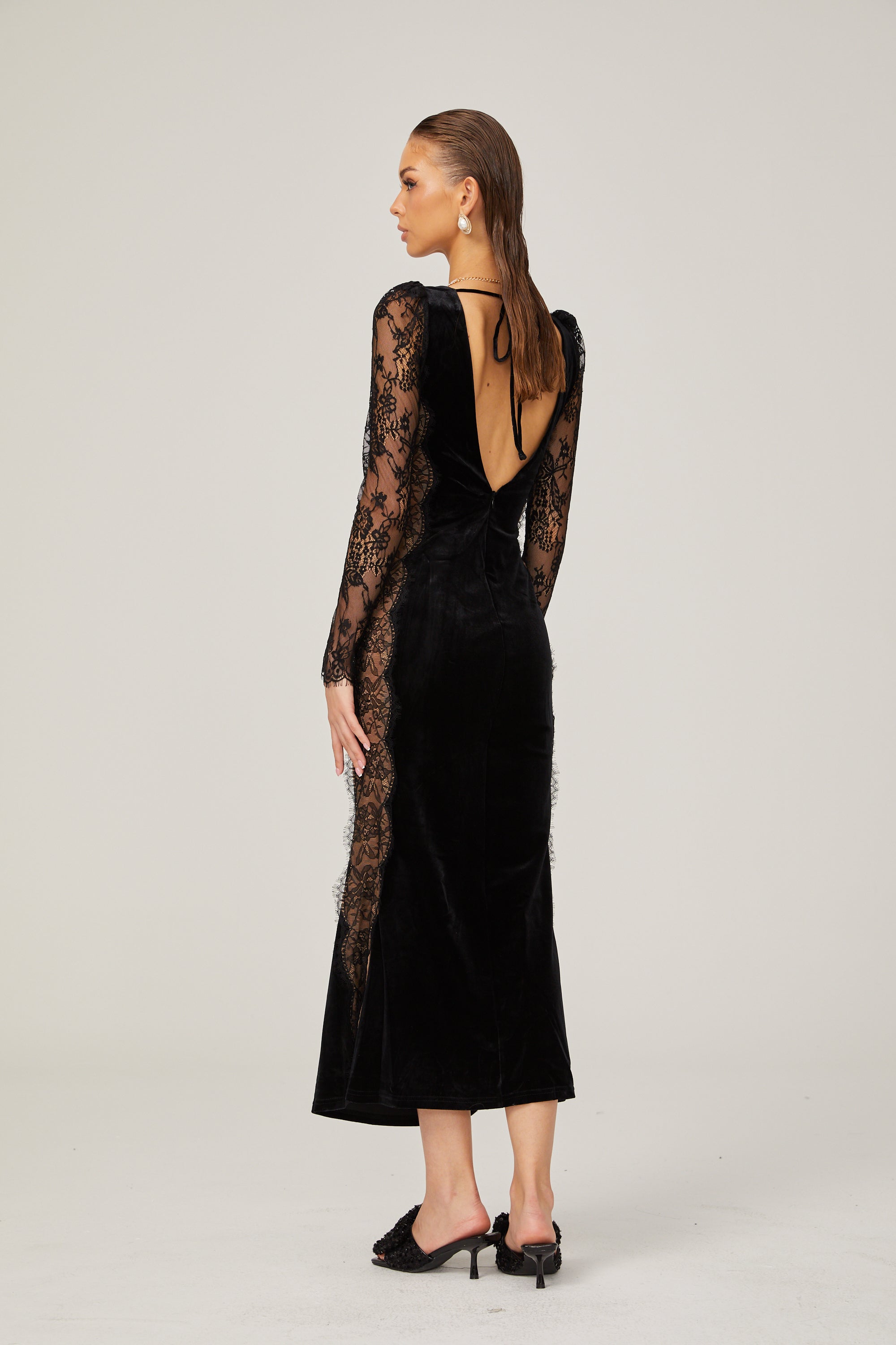 Hilaire black lace-panel open-back velvet midi dress