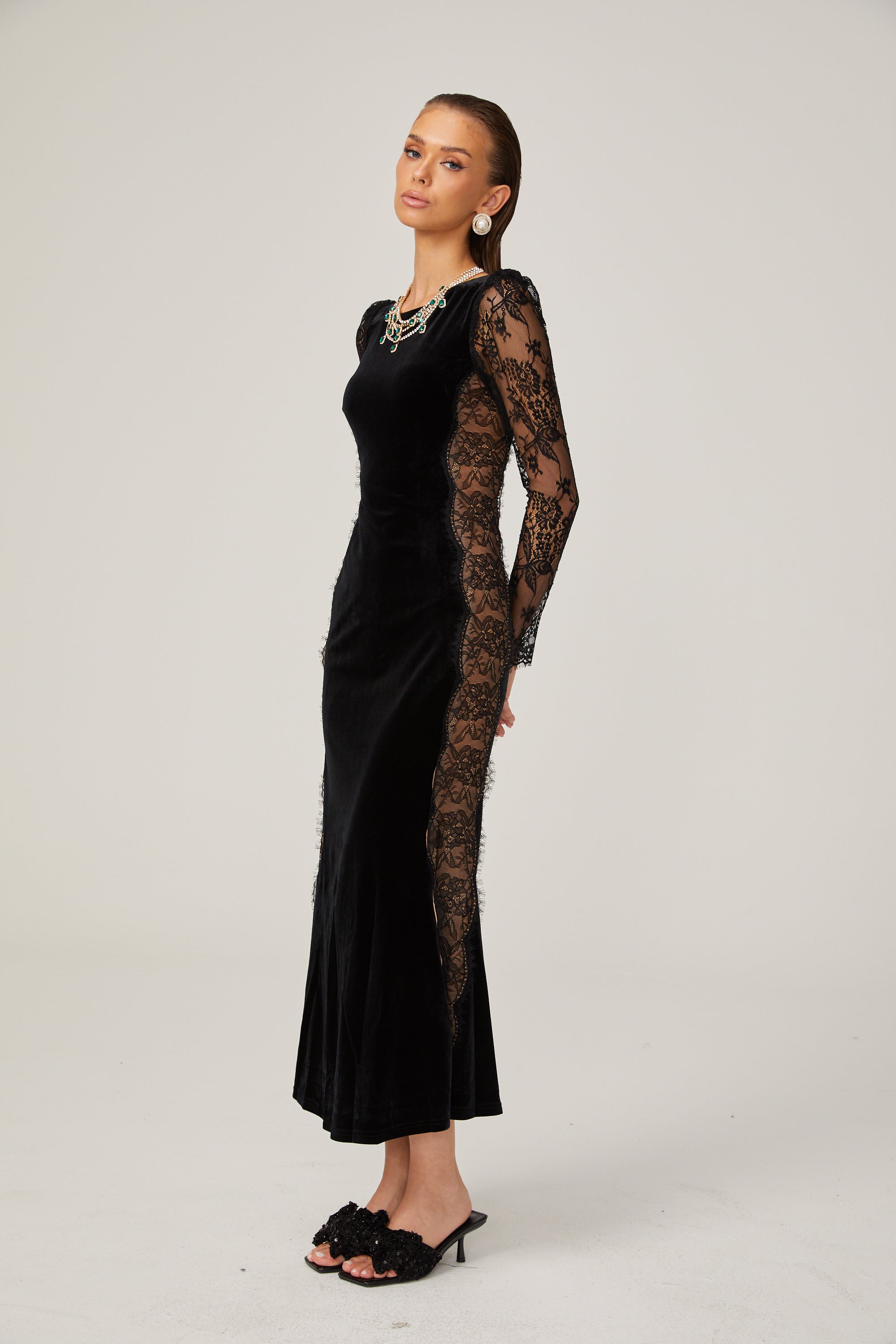 Hilaire black lace-panel open-back velvet midi dress