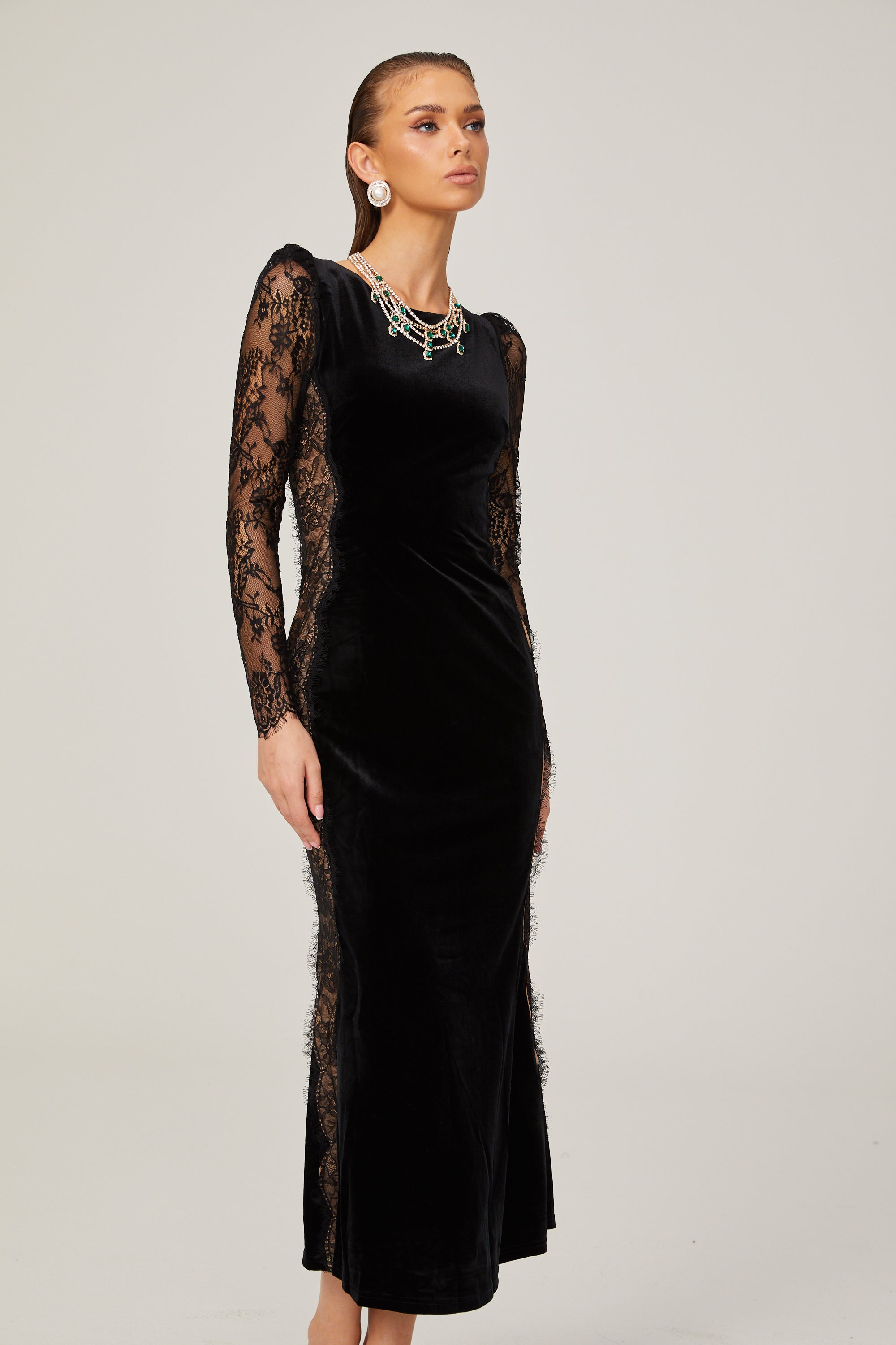 Hilaire black lace-panel open-back velvet midi dress