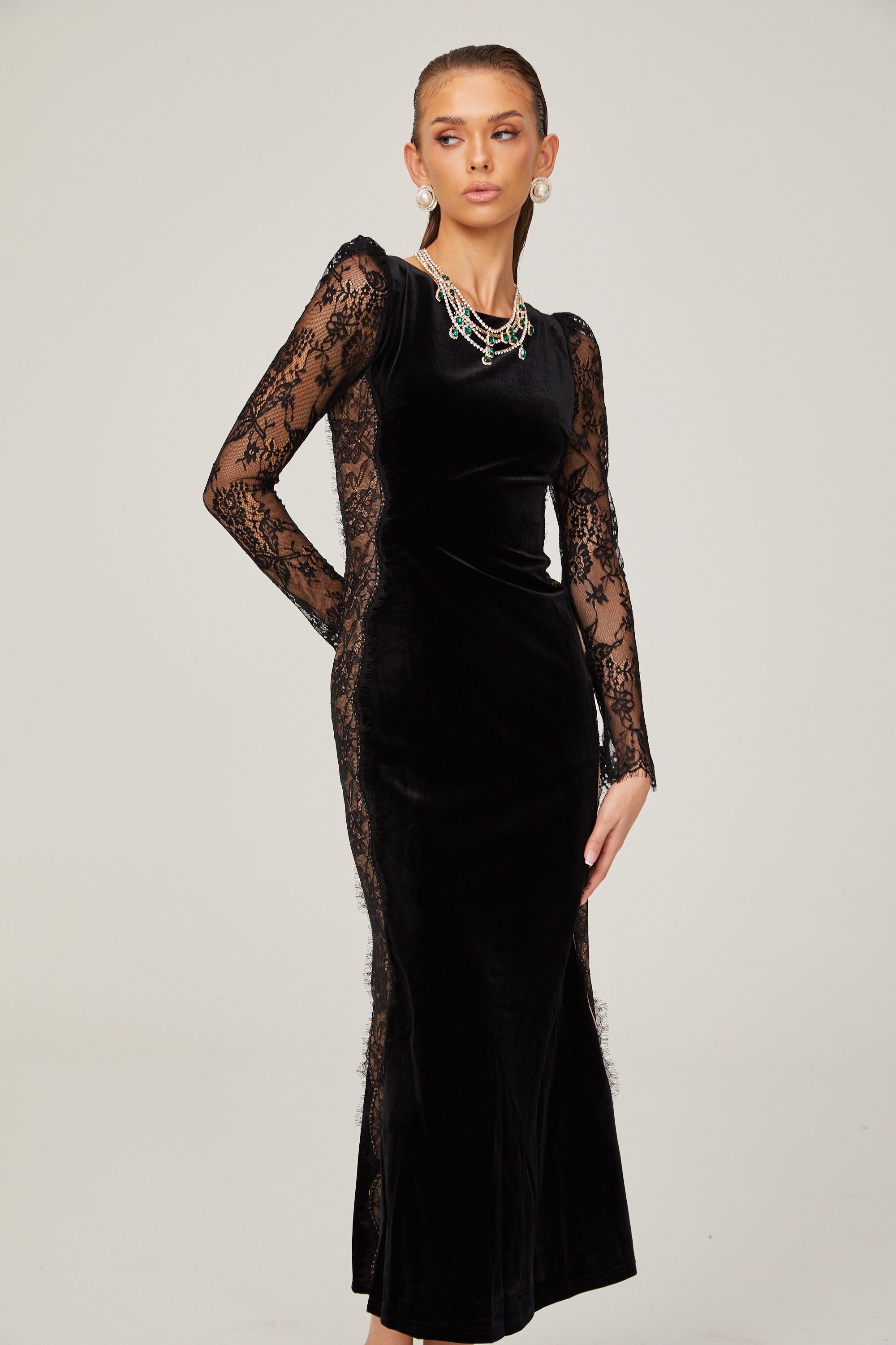 Hilaire black lace-panel open-back velvet midi dress