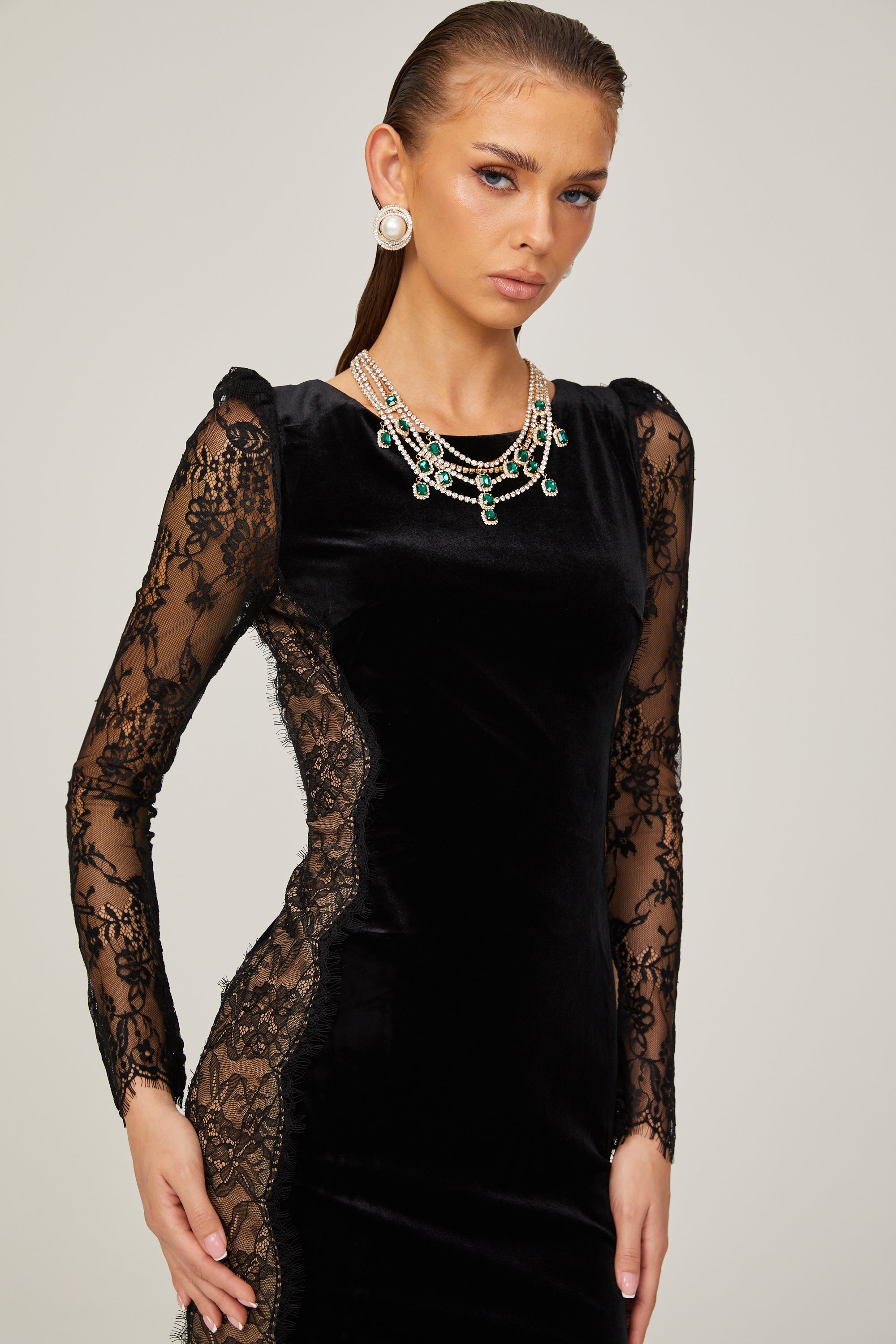 Hilaire black lace-panel open-back velvet midi dress