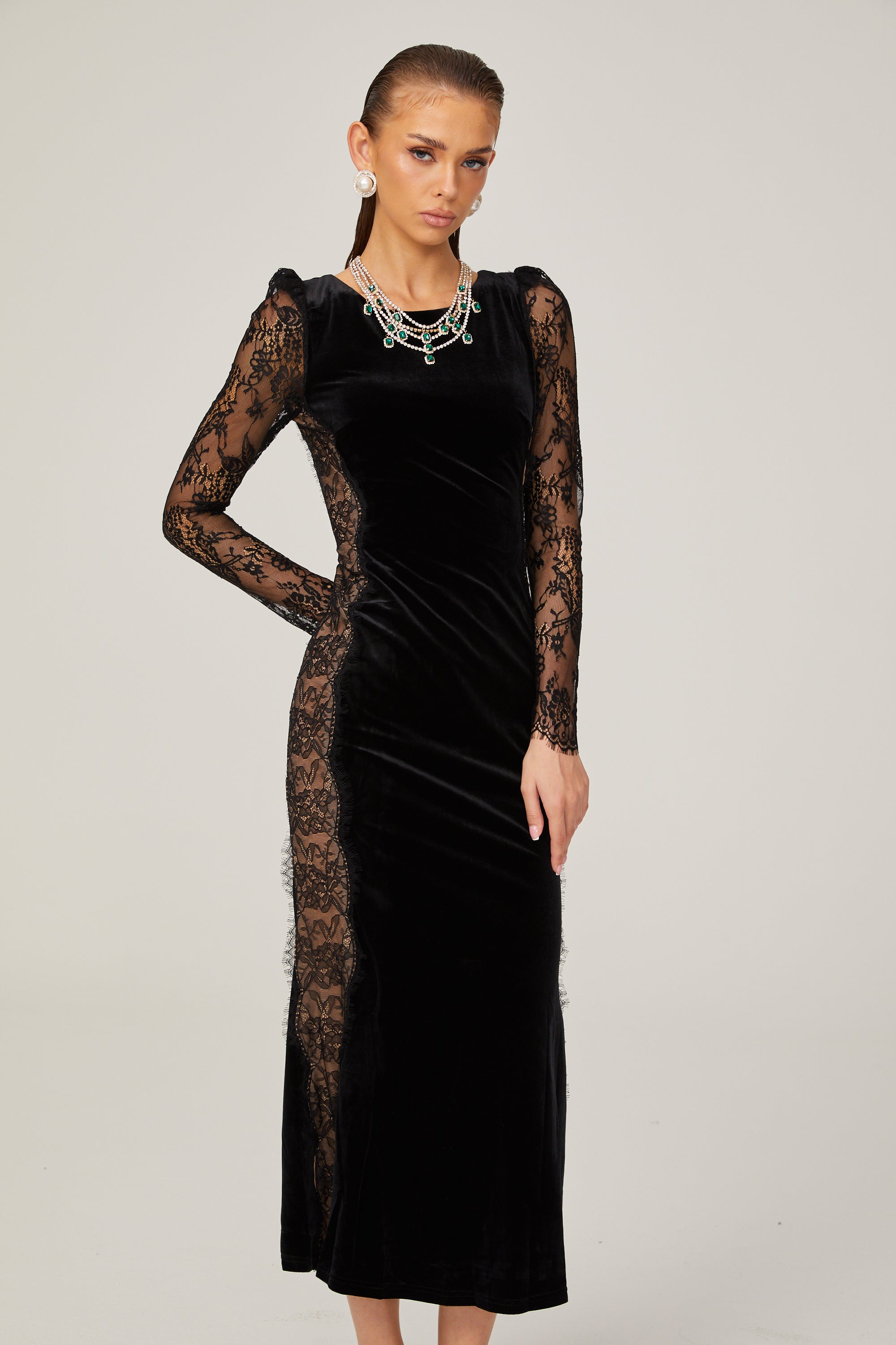 Hilaire black lace-panel open-back velvet midi dress