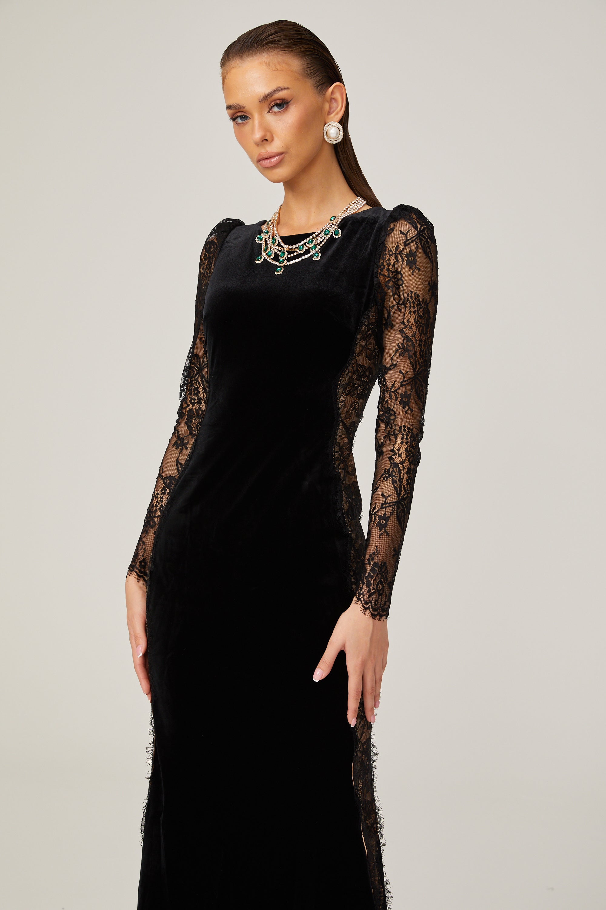 Hilaire black lace-panel open-back velvet midi dress