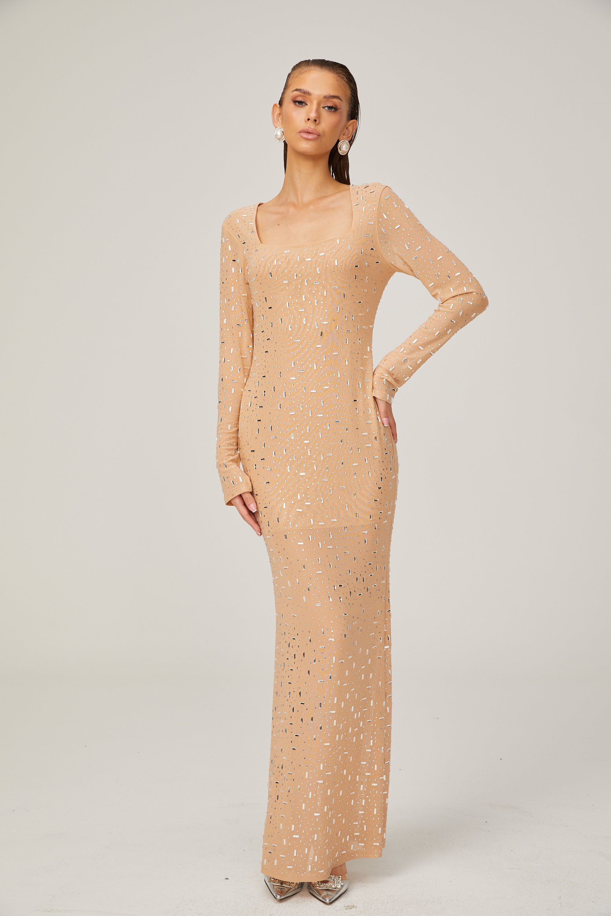 Ghislaine rhinestone stretch-mesh maxi dress