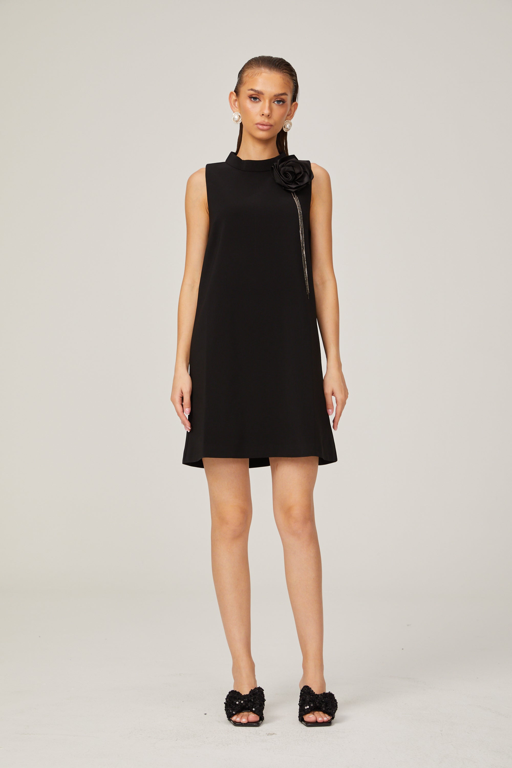 Gisella black flower-appliqué sleeveless mini dress