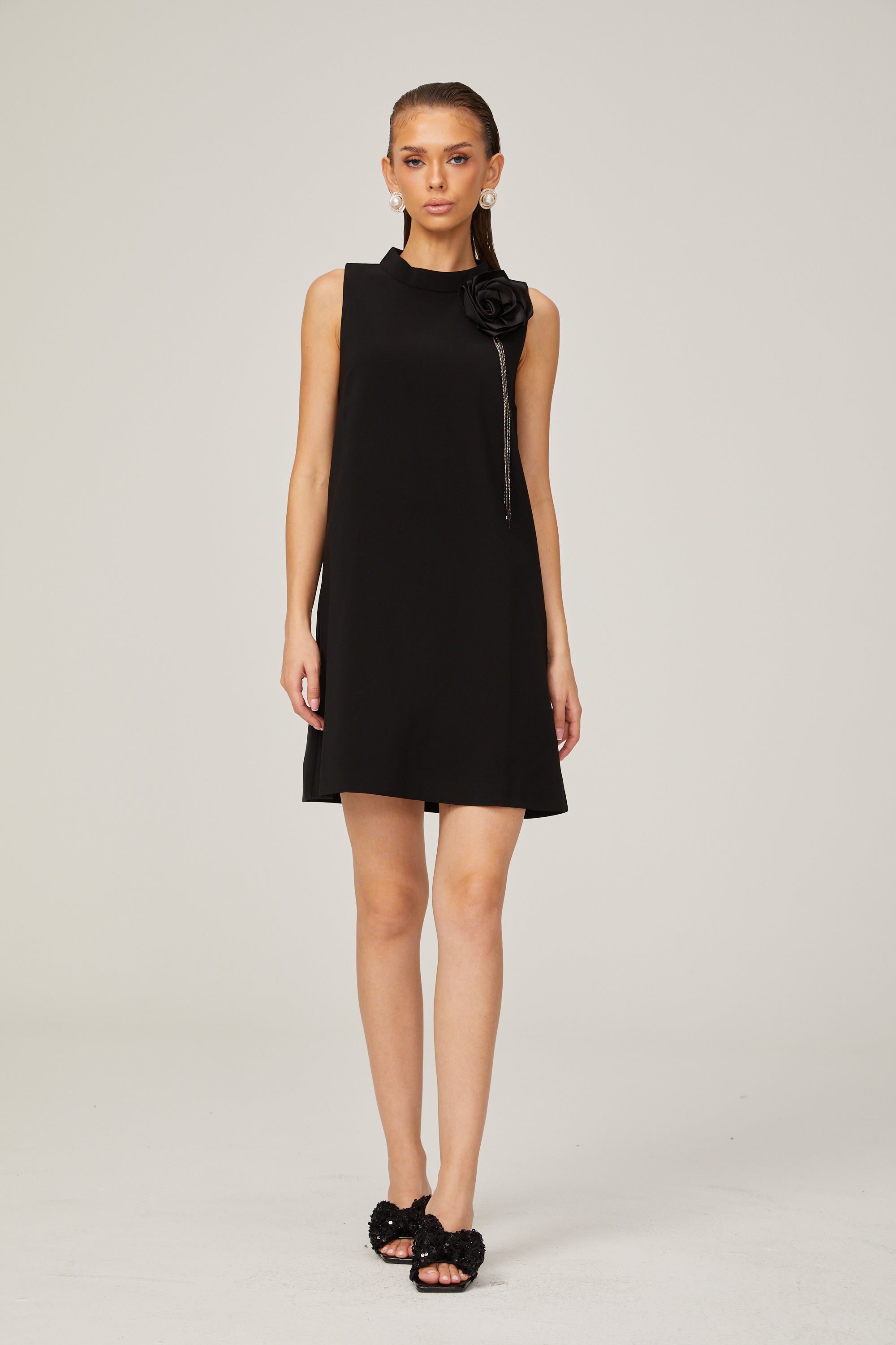 Gisella black flower-appliqué sleeveless mini dress