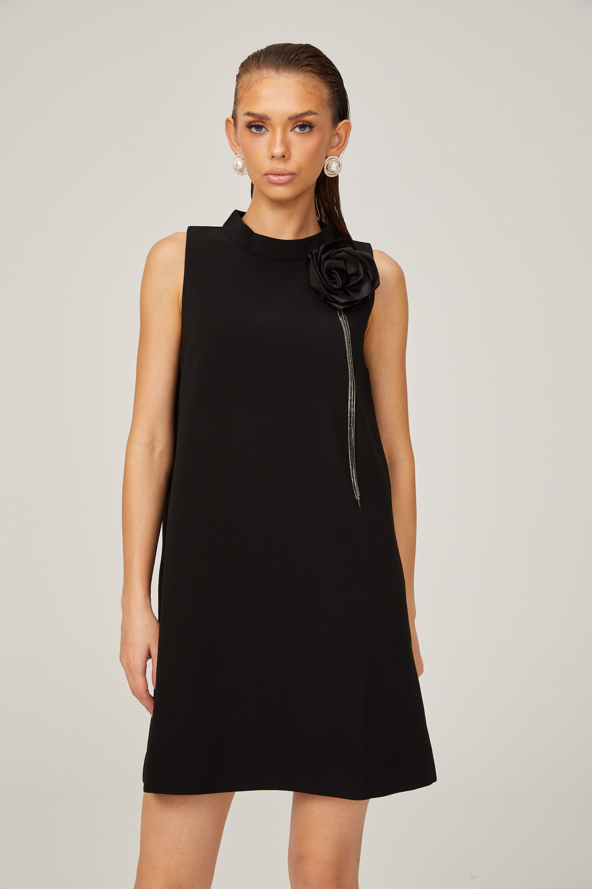 Gisella black flower-appliqué sleeveless mini dress