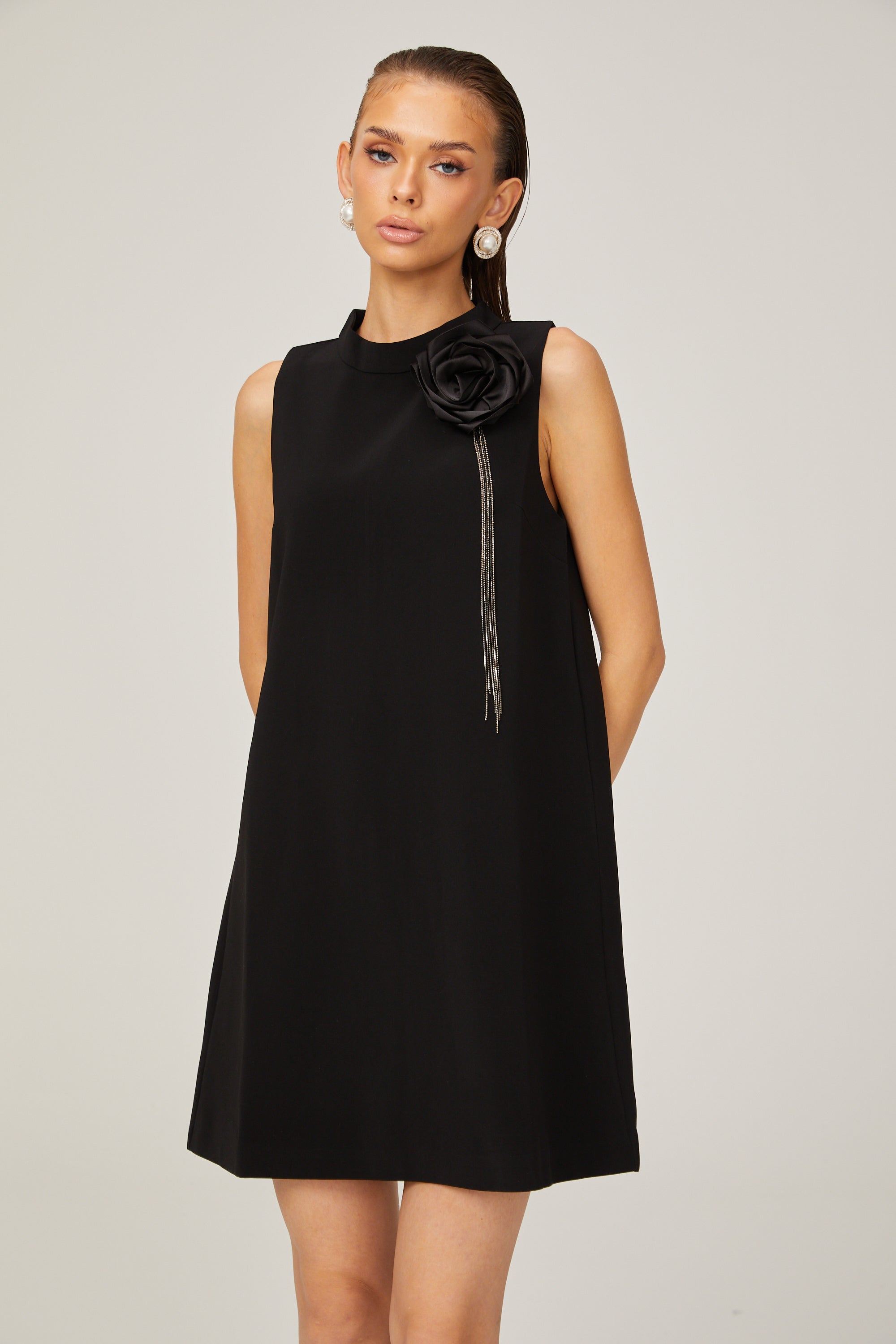 Gisella black flower-appliqué sleeveless mini dress