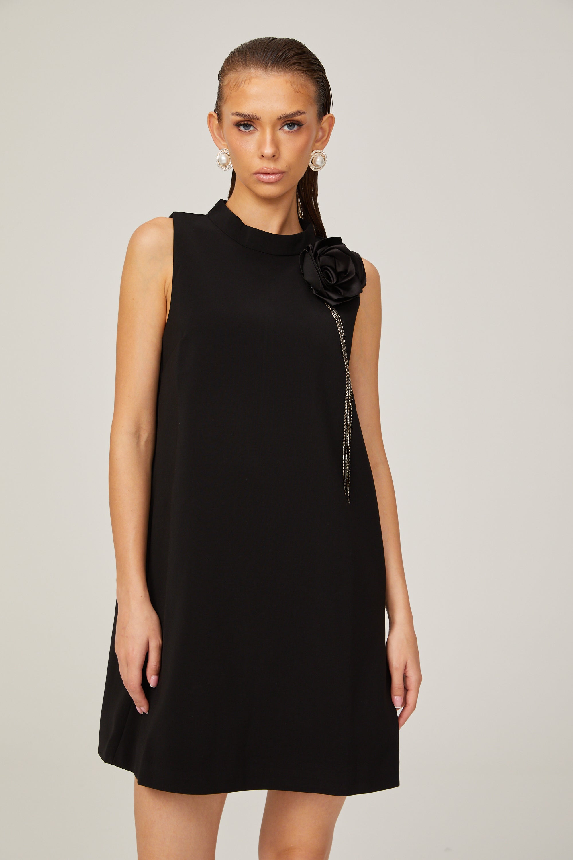 Gisella black flower-appliqué sleeveless mini dress