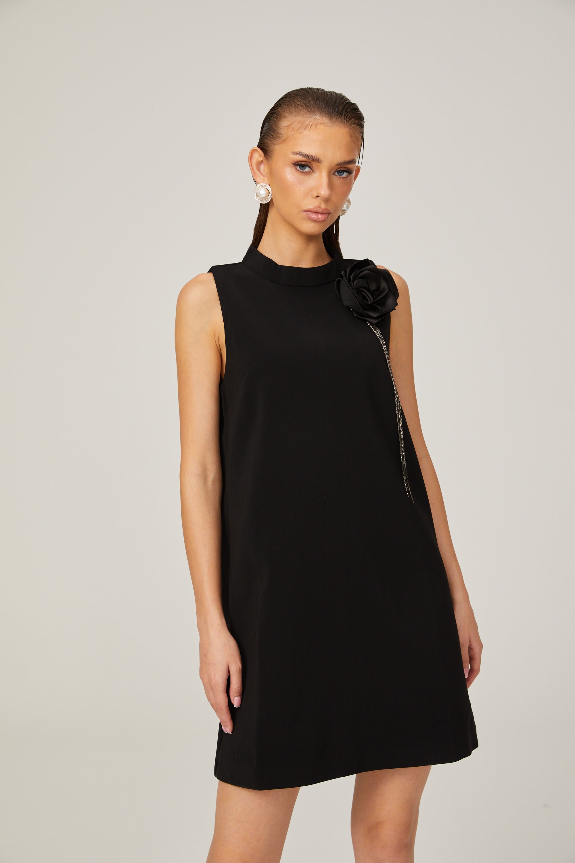 Gisella black flower-appliqué sleeveless mini dress