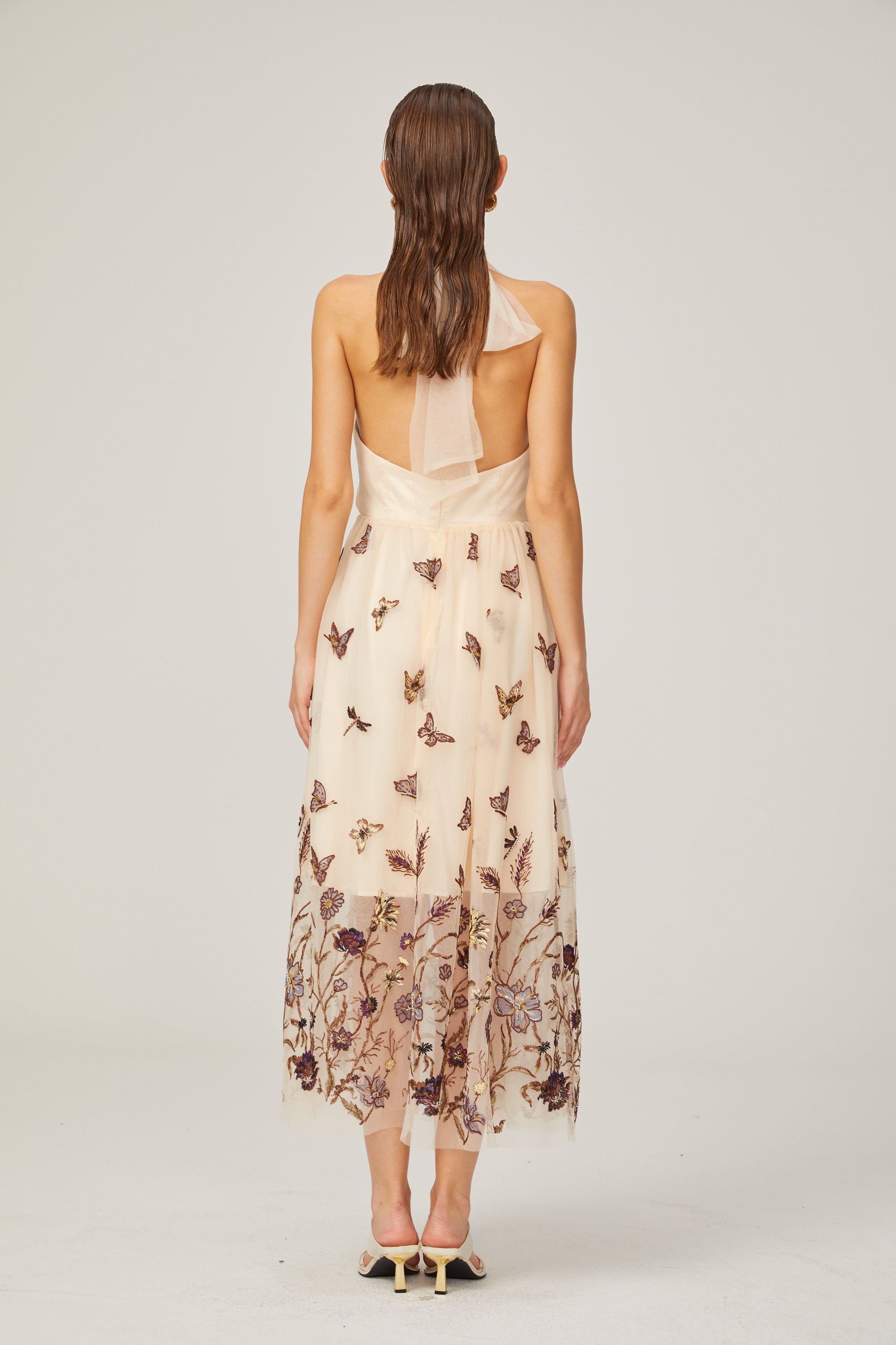 Joséphine halterneck butterfly-motif tulle midi dress