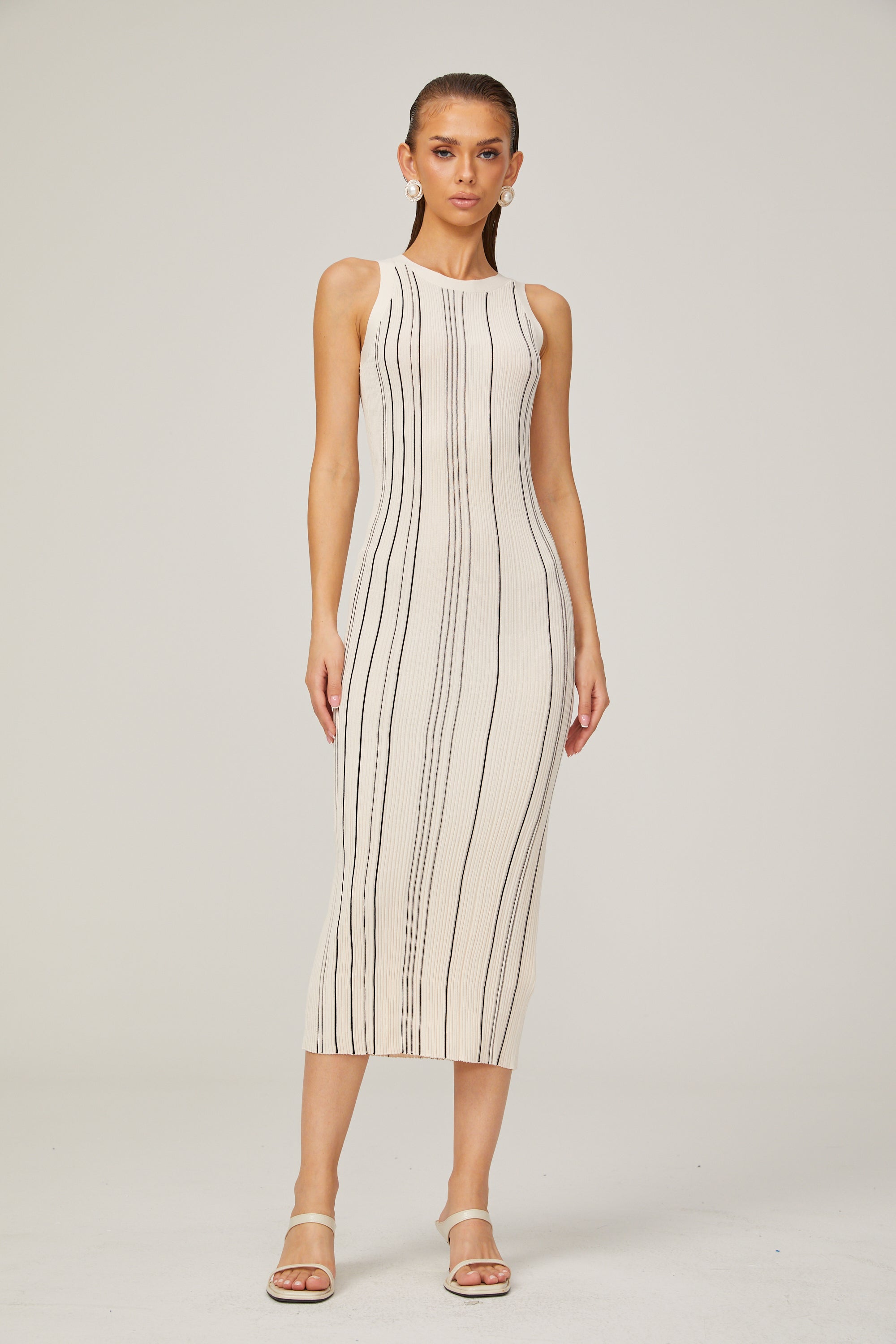 Gabrielle braided-trim cable-knit midi dress in White