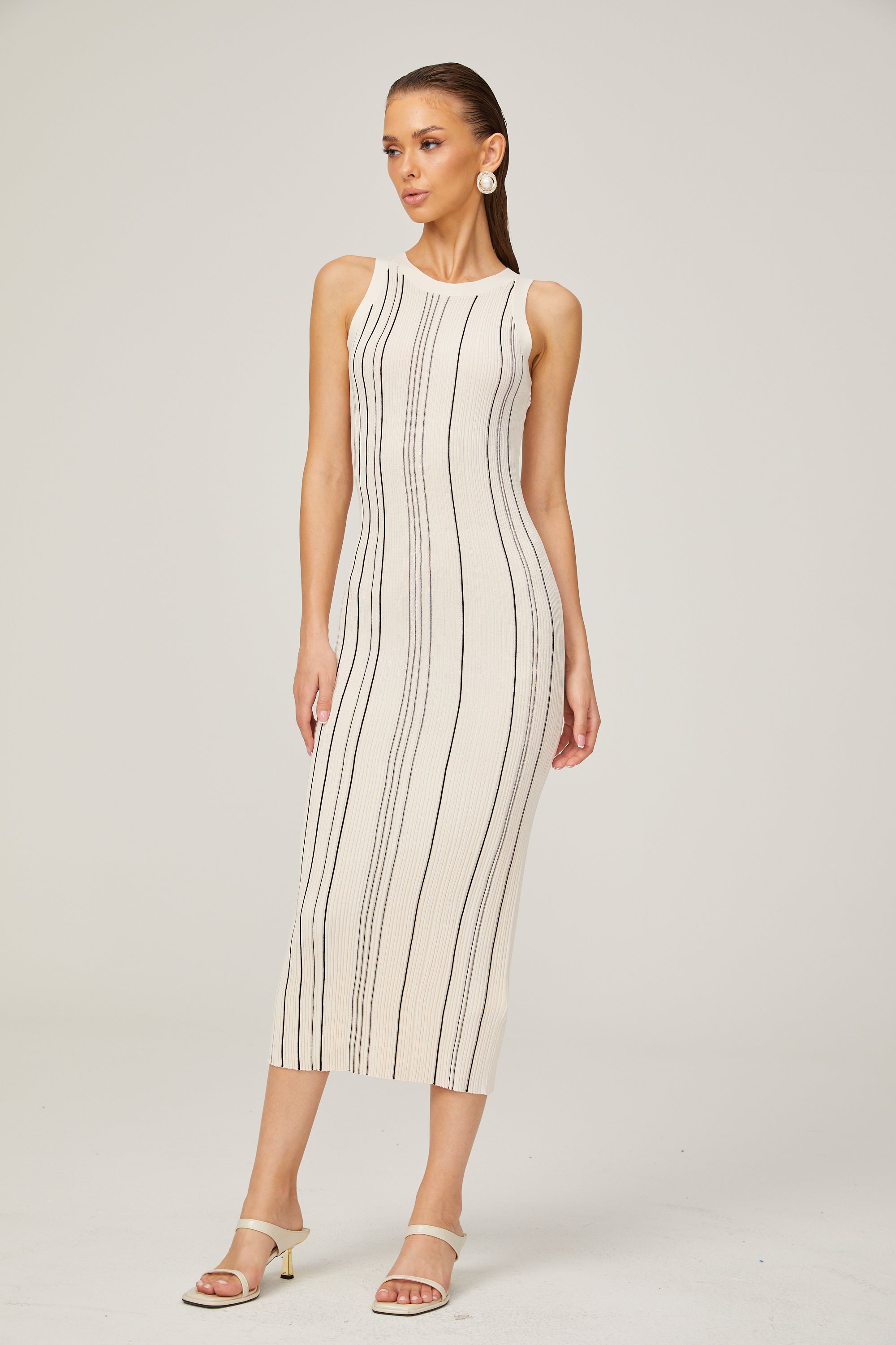 Gabrielle braided-trim cable-knit midi dress in White