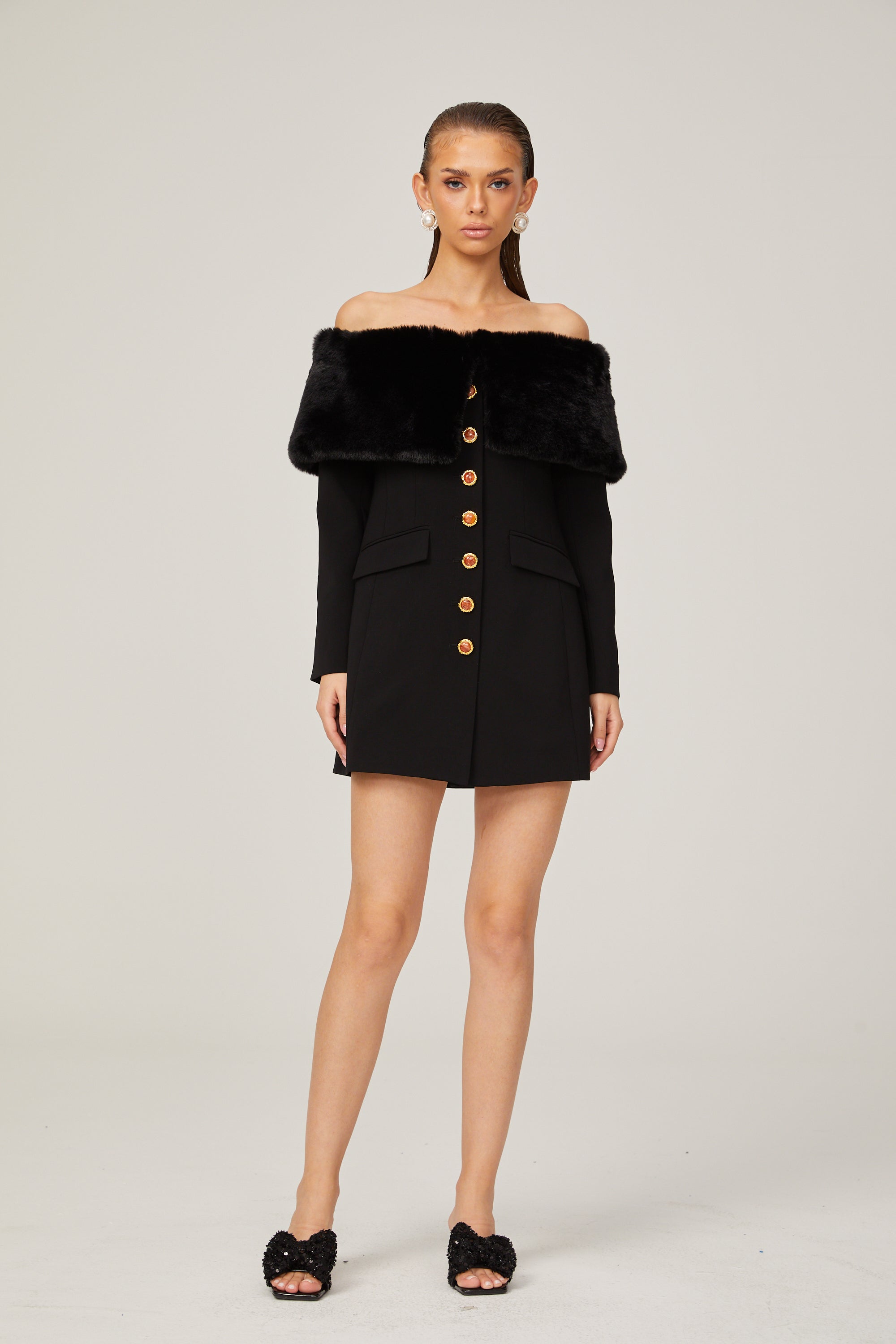 Céline black faux-fur off-shoulder mini dress