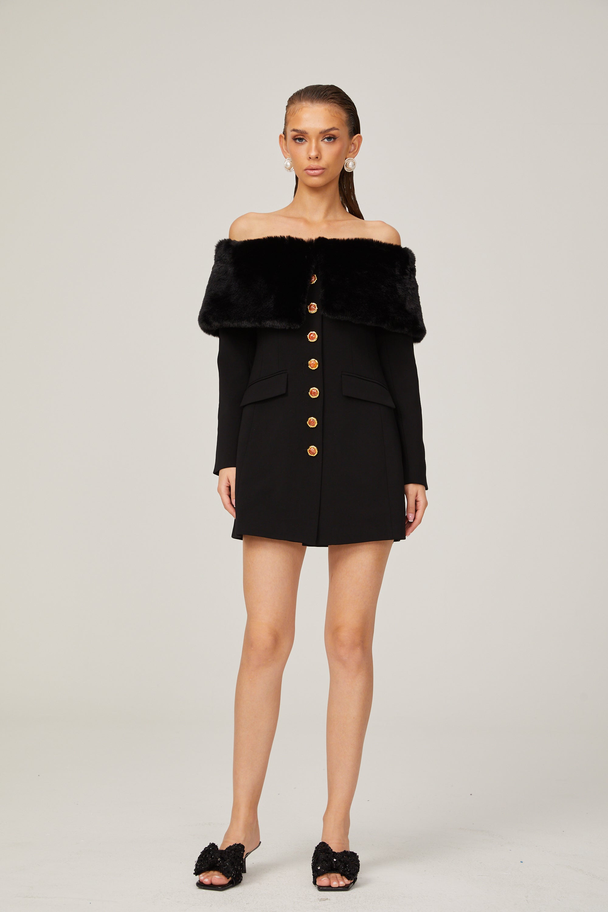 Céline black faux-fur off-shoulder mini dress