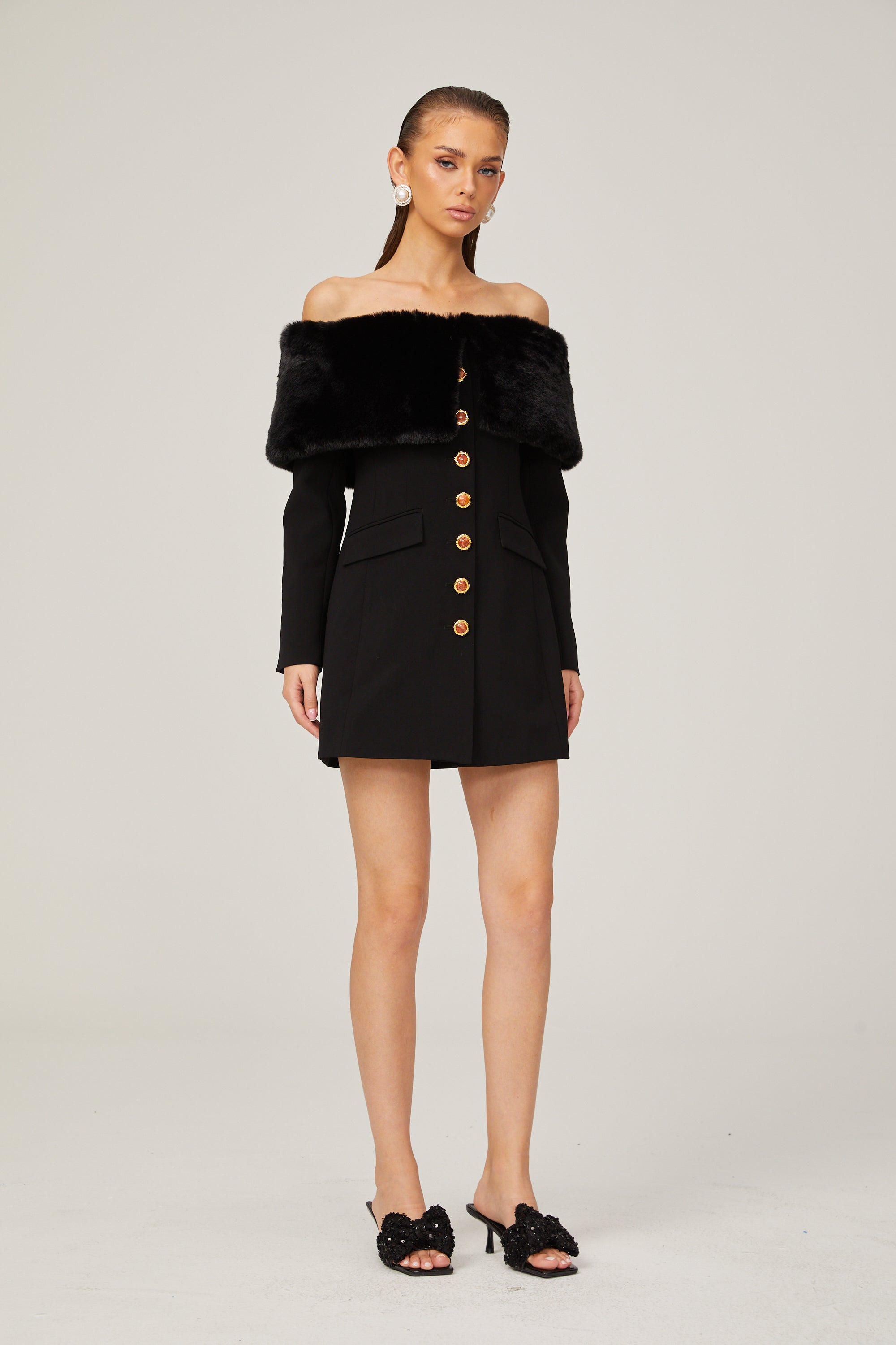 Céline black faux-fur off-shoulder mini dress