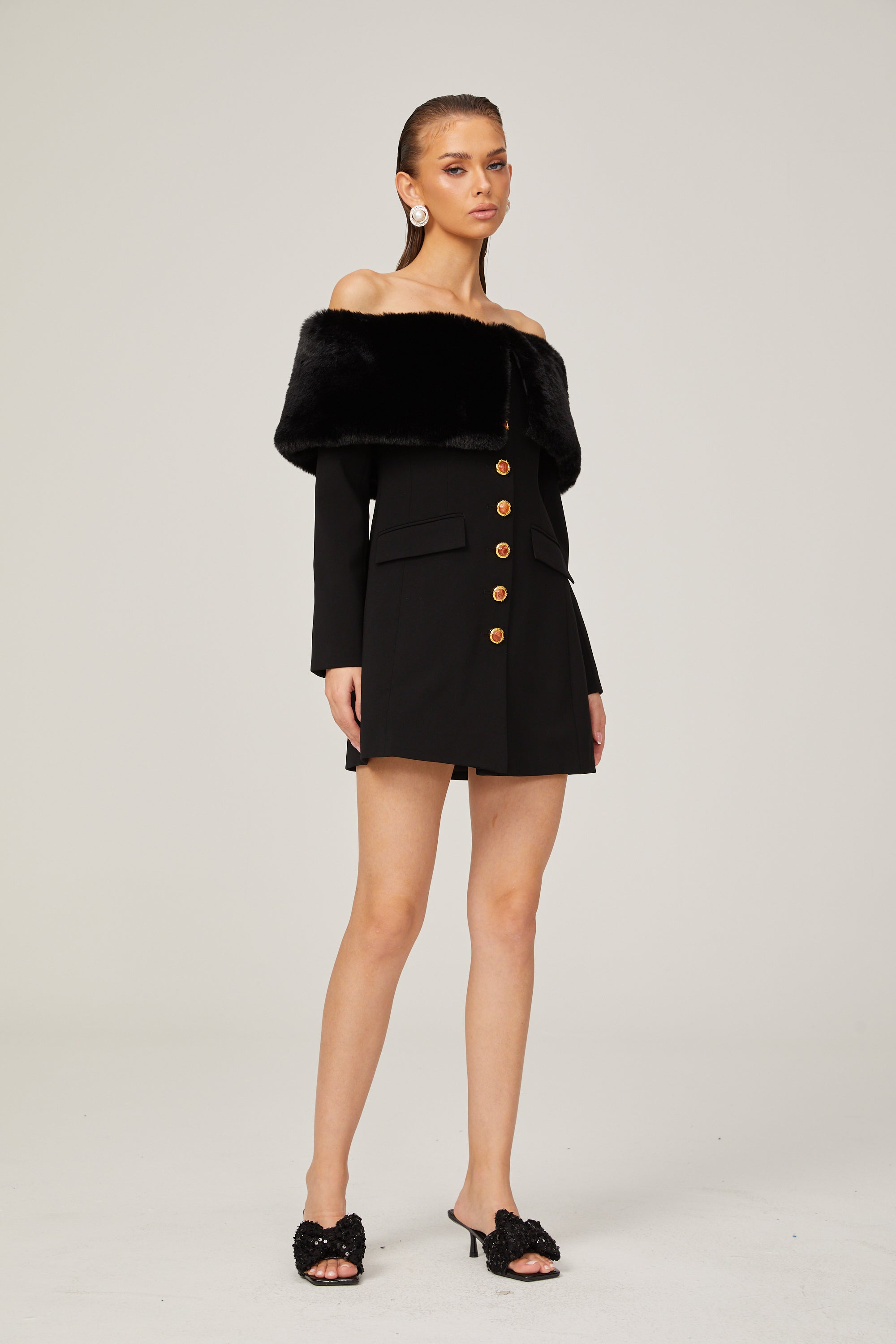 Céline black faux-fur off-shoulder mini dress