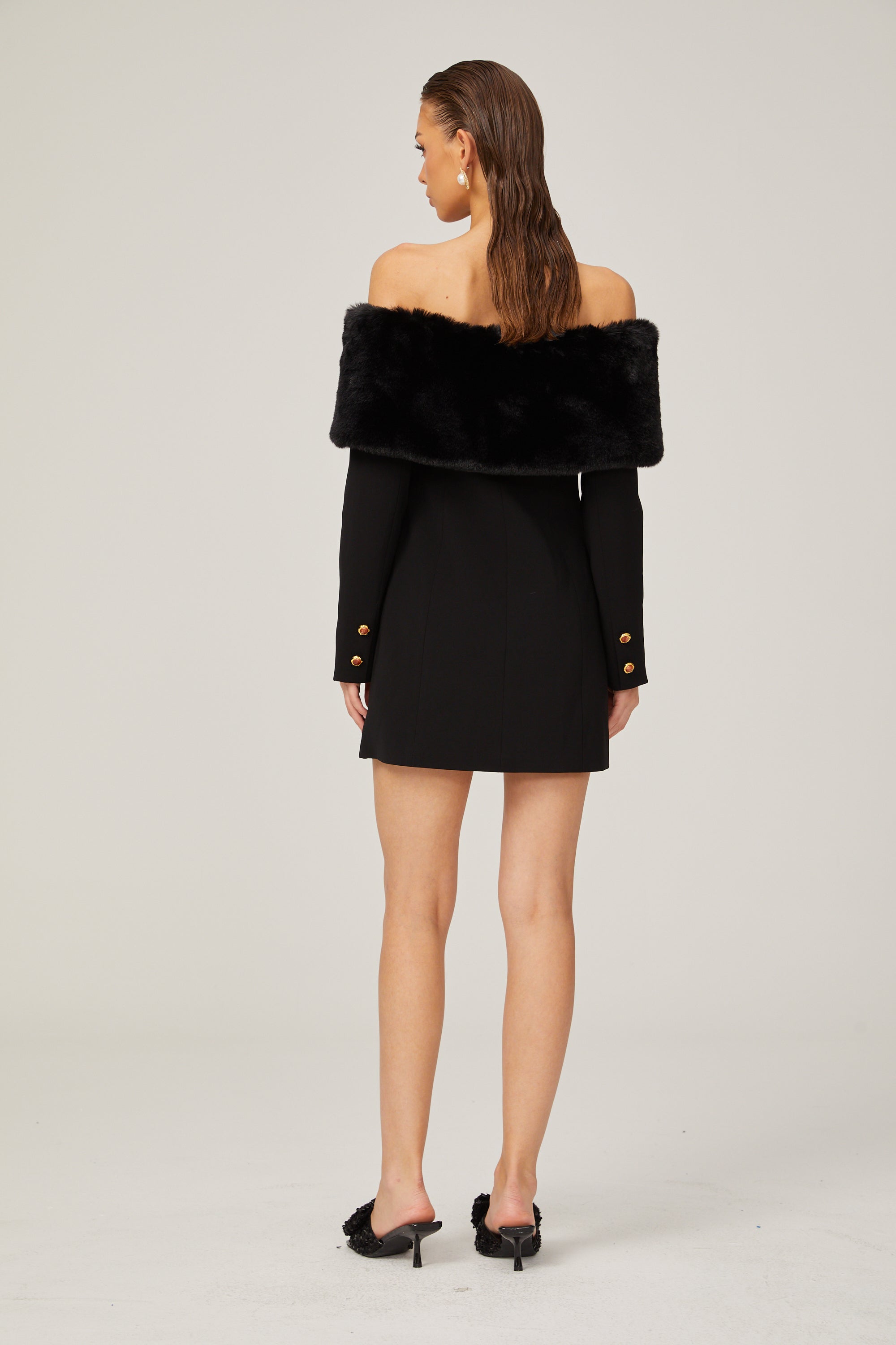 Céline black faux-fur off-shoulder mini dress