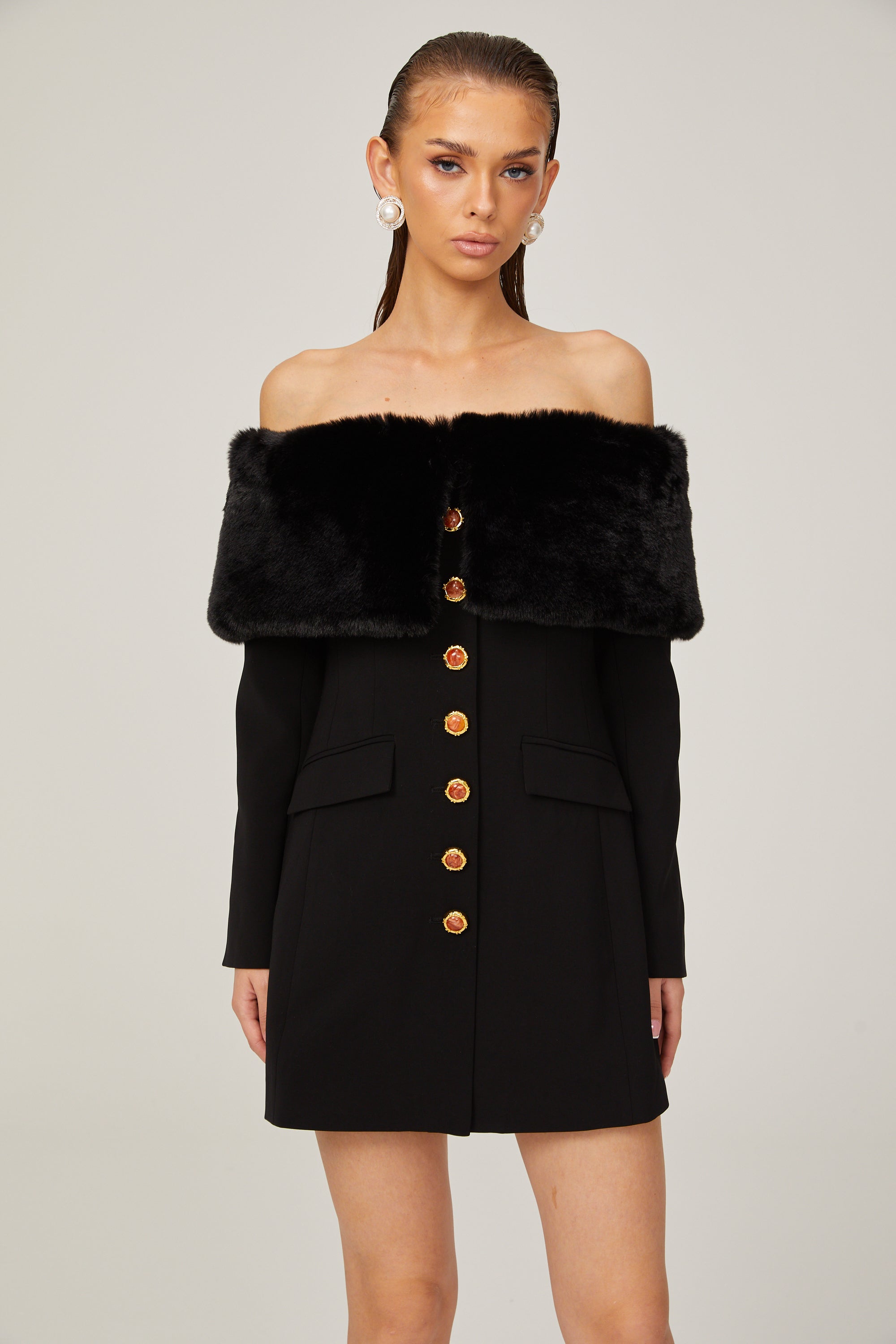 Céline black faux-fur off-shoulder mini dress