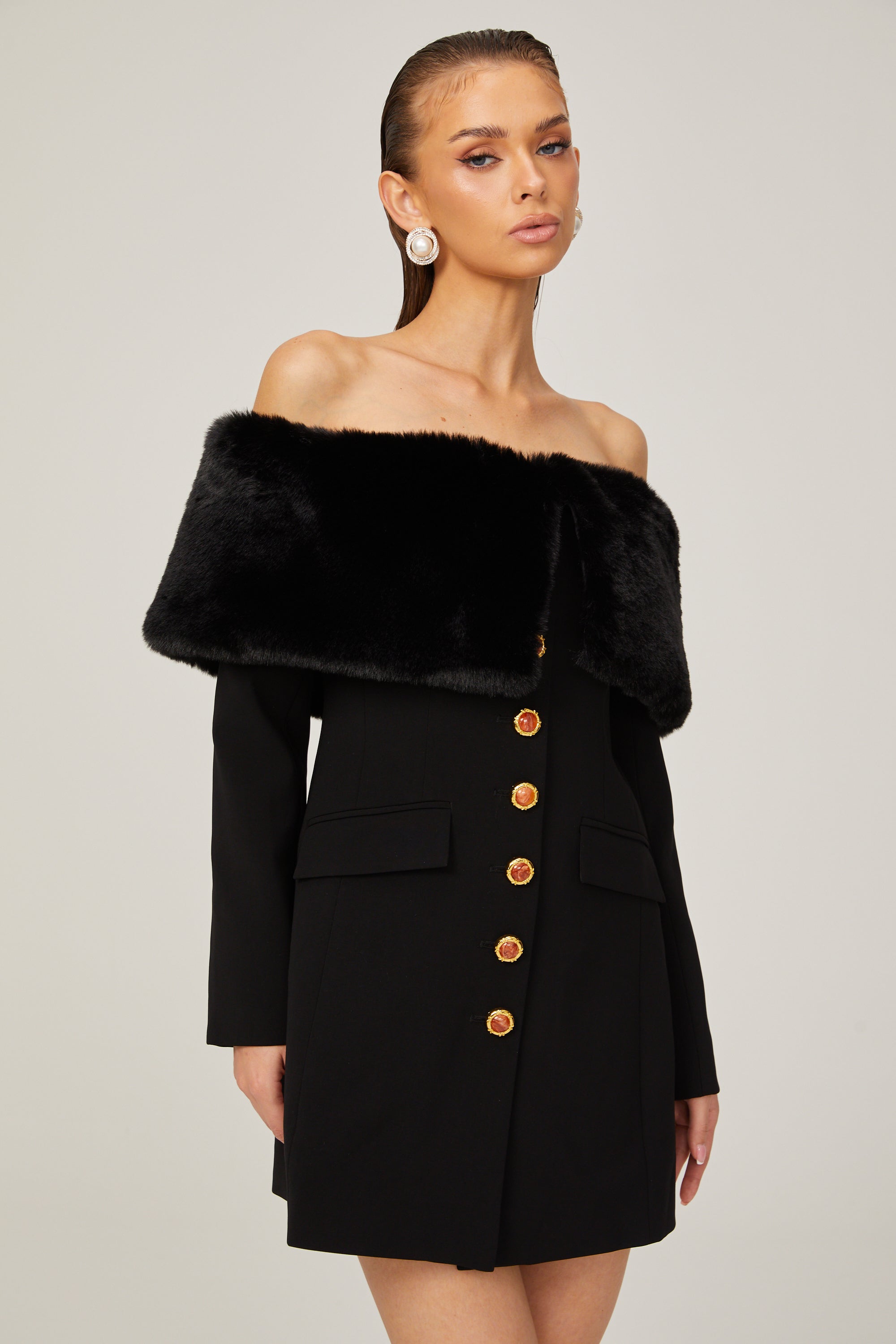 Céline black faux-fur off-shoulder mini dress