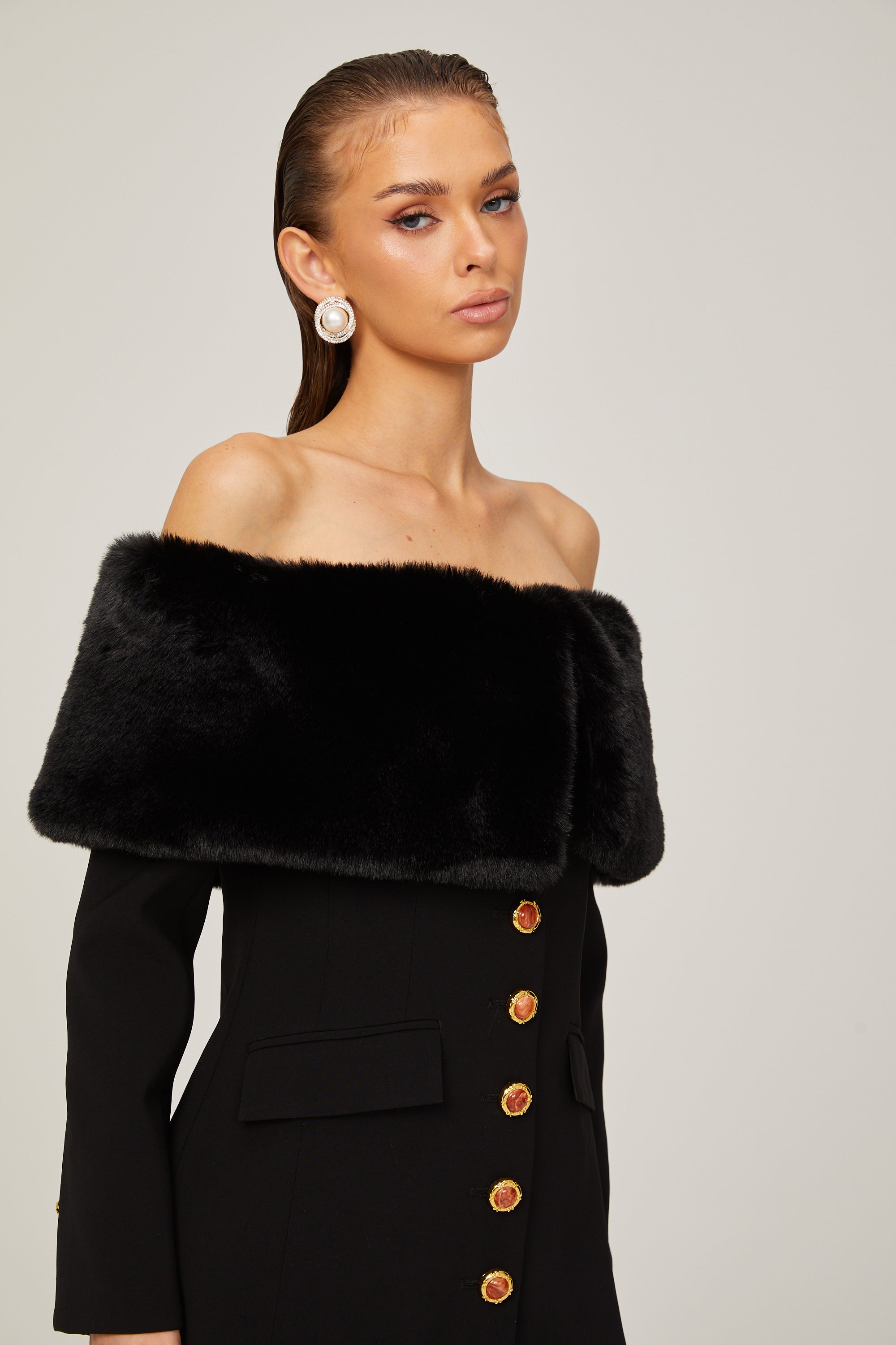 Céline black faux-fur off-shoulder mini dress