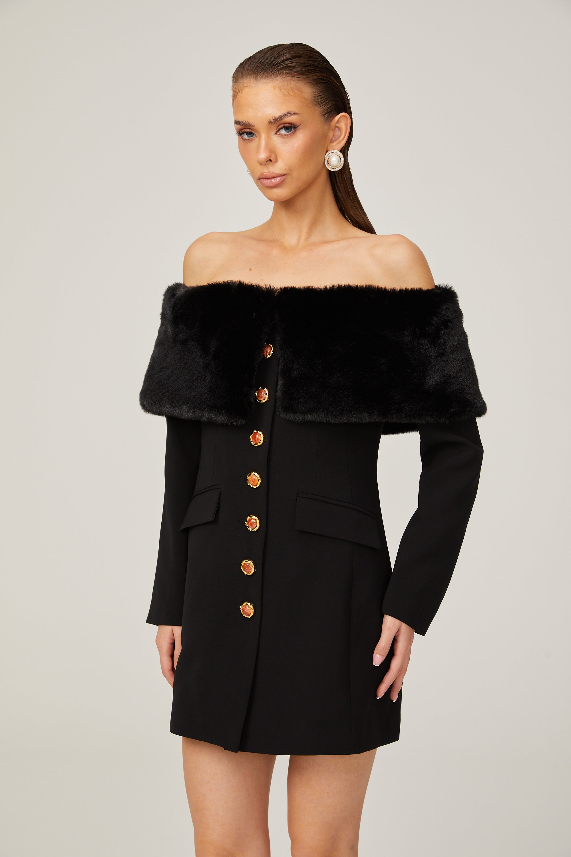 Céline black faux-fur off-shoulder mini dress