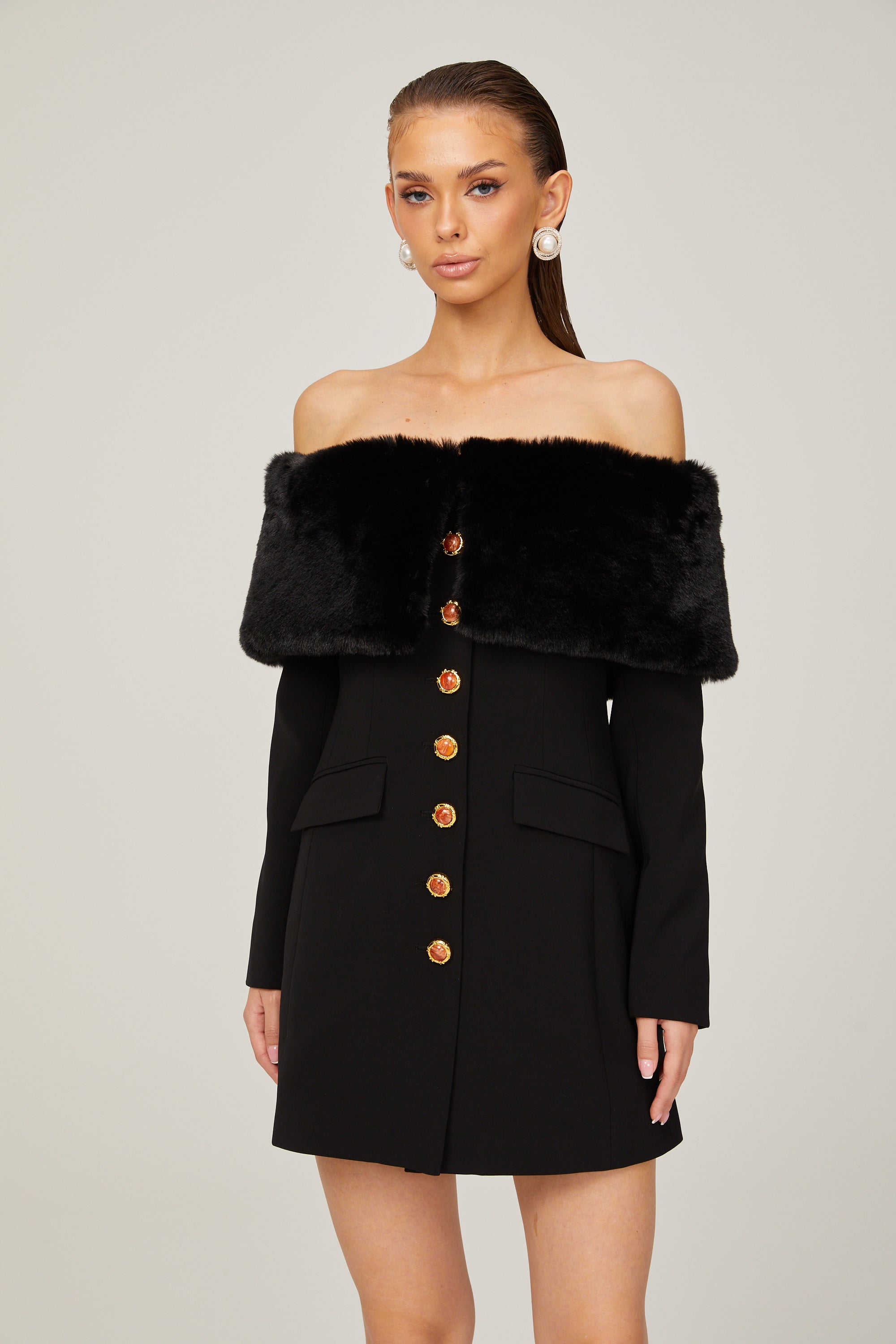 Céline black faux-fur off-shoulder mini dress