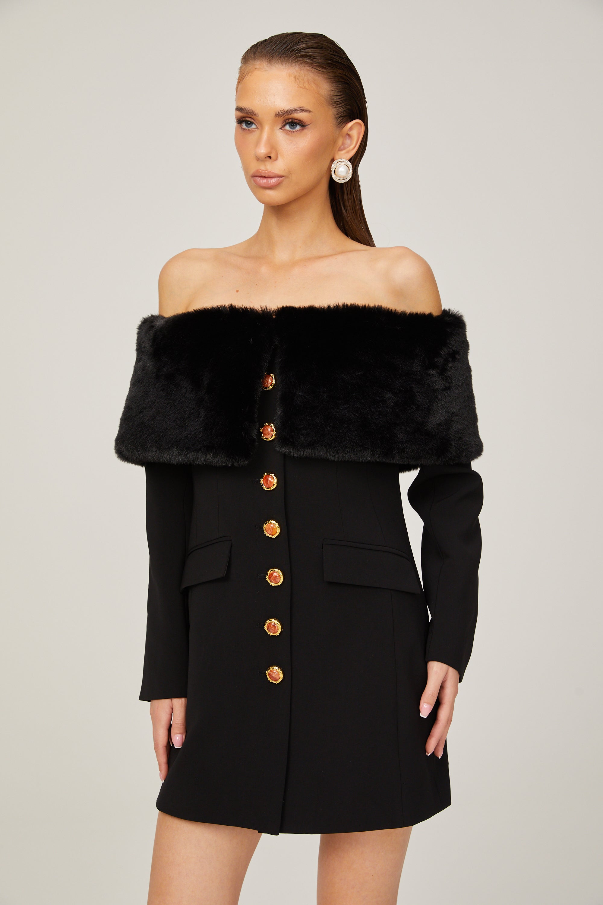 Céline black faux-fur off-shoulder mini dress