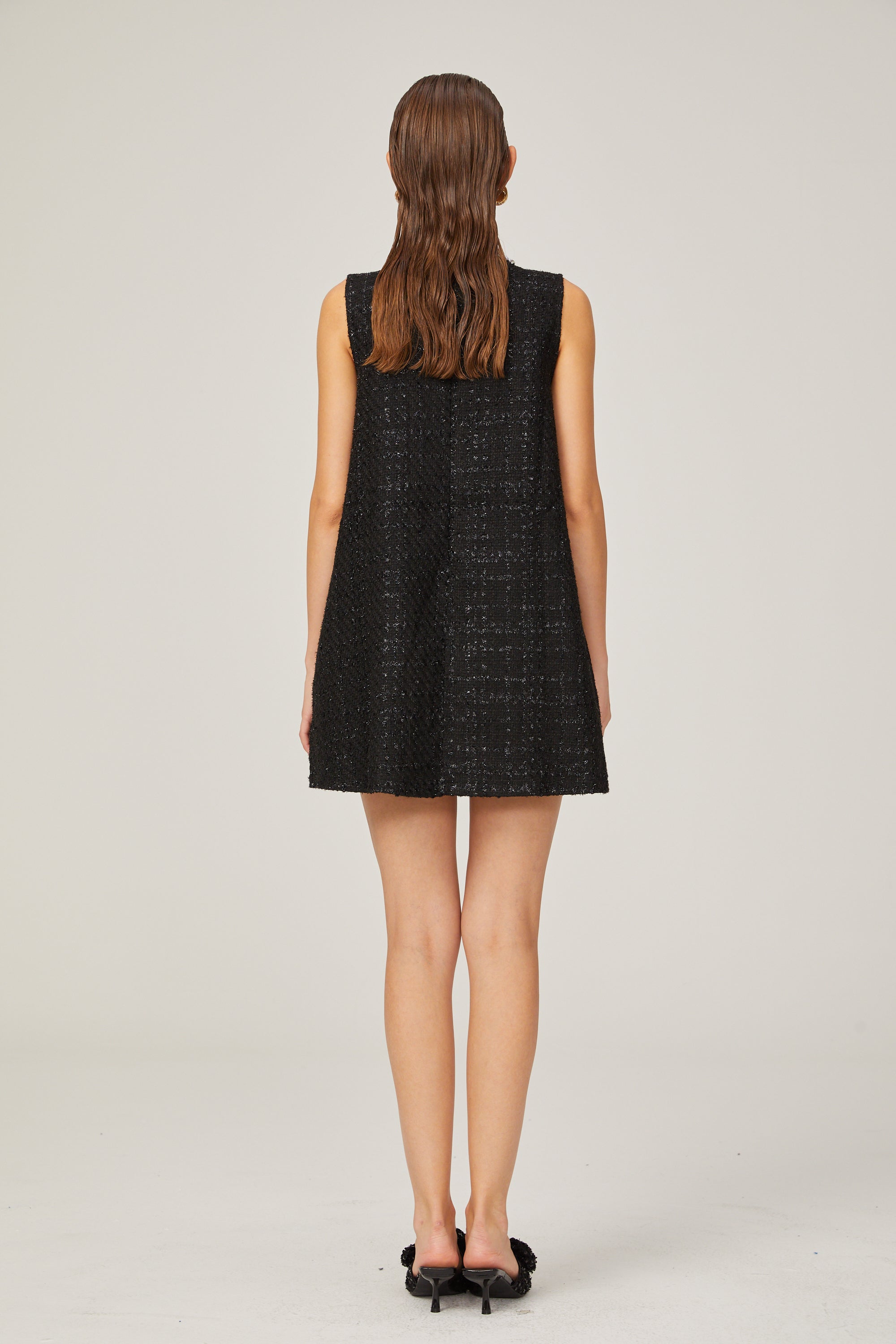 Elisabeth A-line sleeveless beaded tweed mini dress in Black