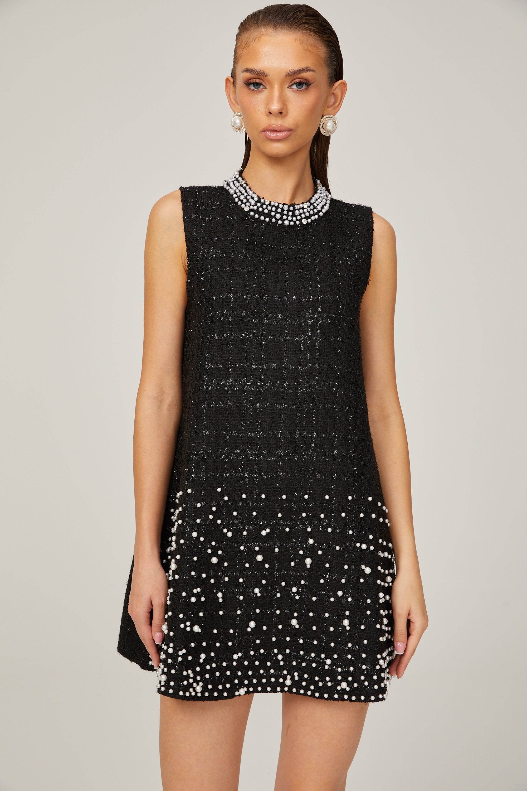 Elisabeth A-line sleeveless beaded tweed mini dress in Black