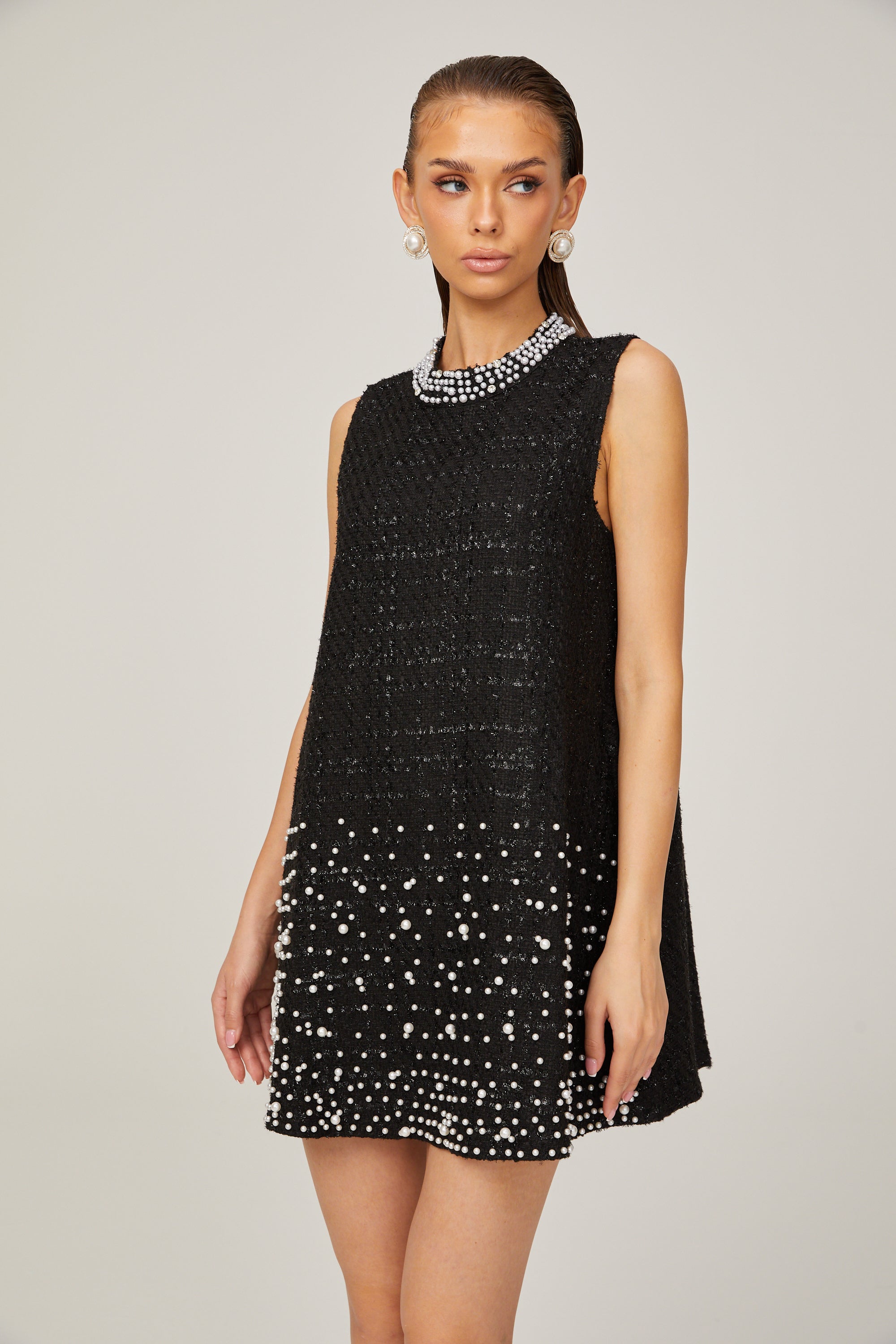 Elisabeth A-line sleeveless beaded tweed mini dress in Black