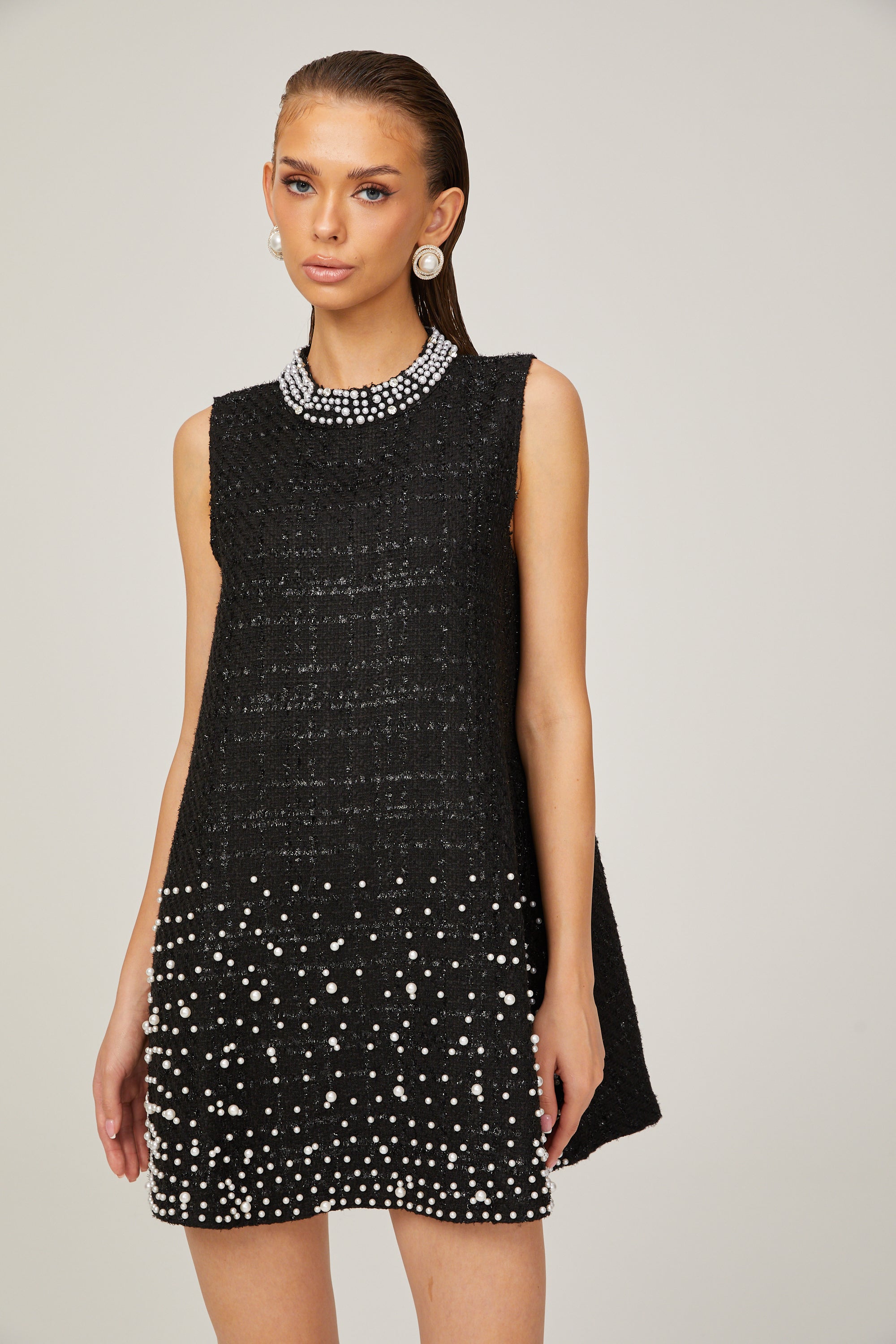 Elisabeth A-line sleeveless beaded tweed mini dress in Black