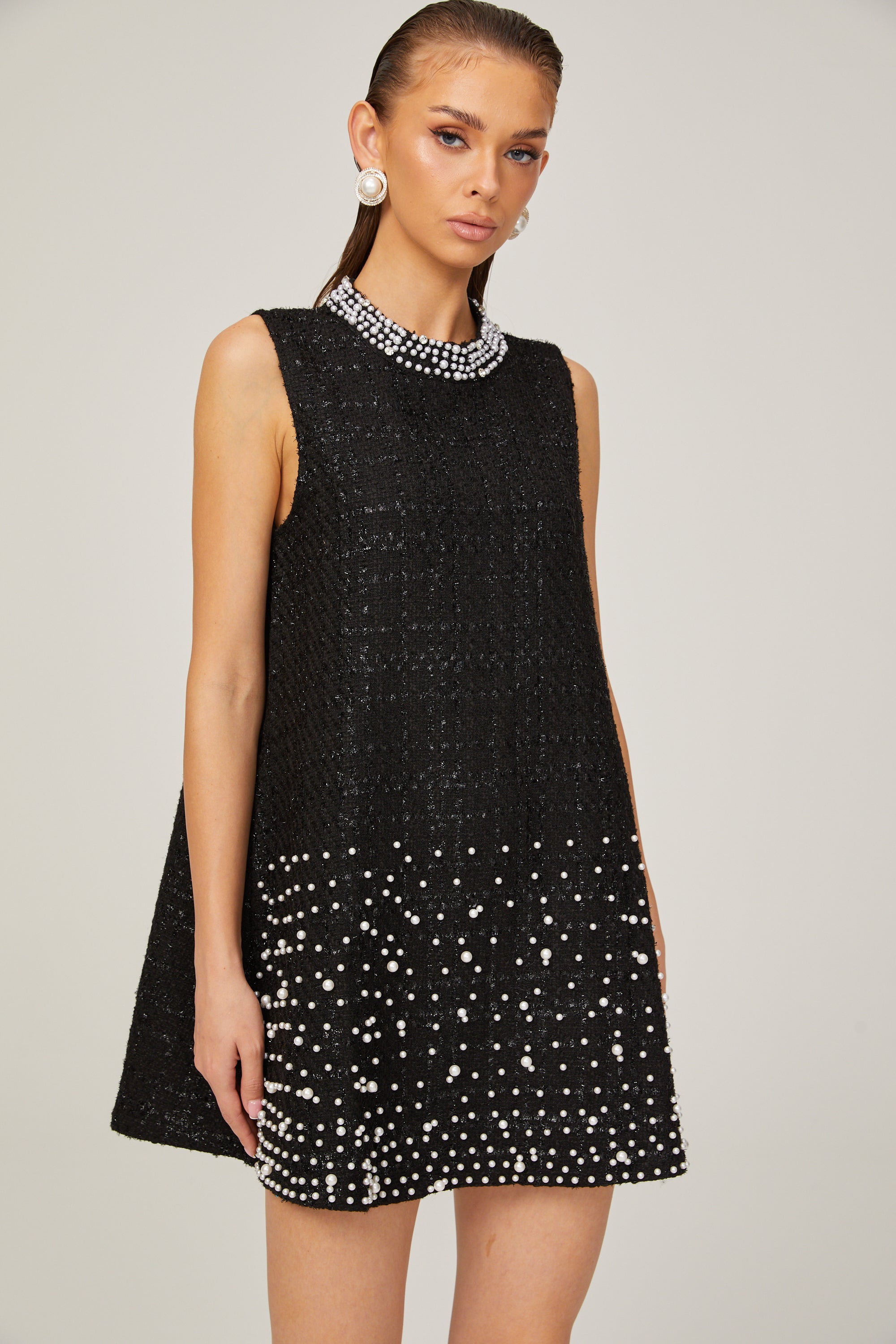 Elisabeth A-line sleeveless beaded tweed mini dress in Black