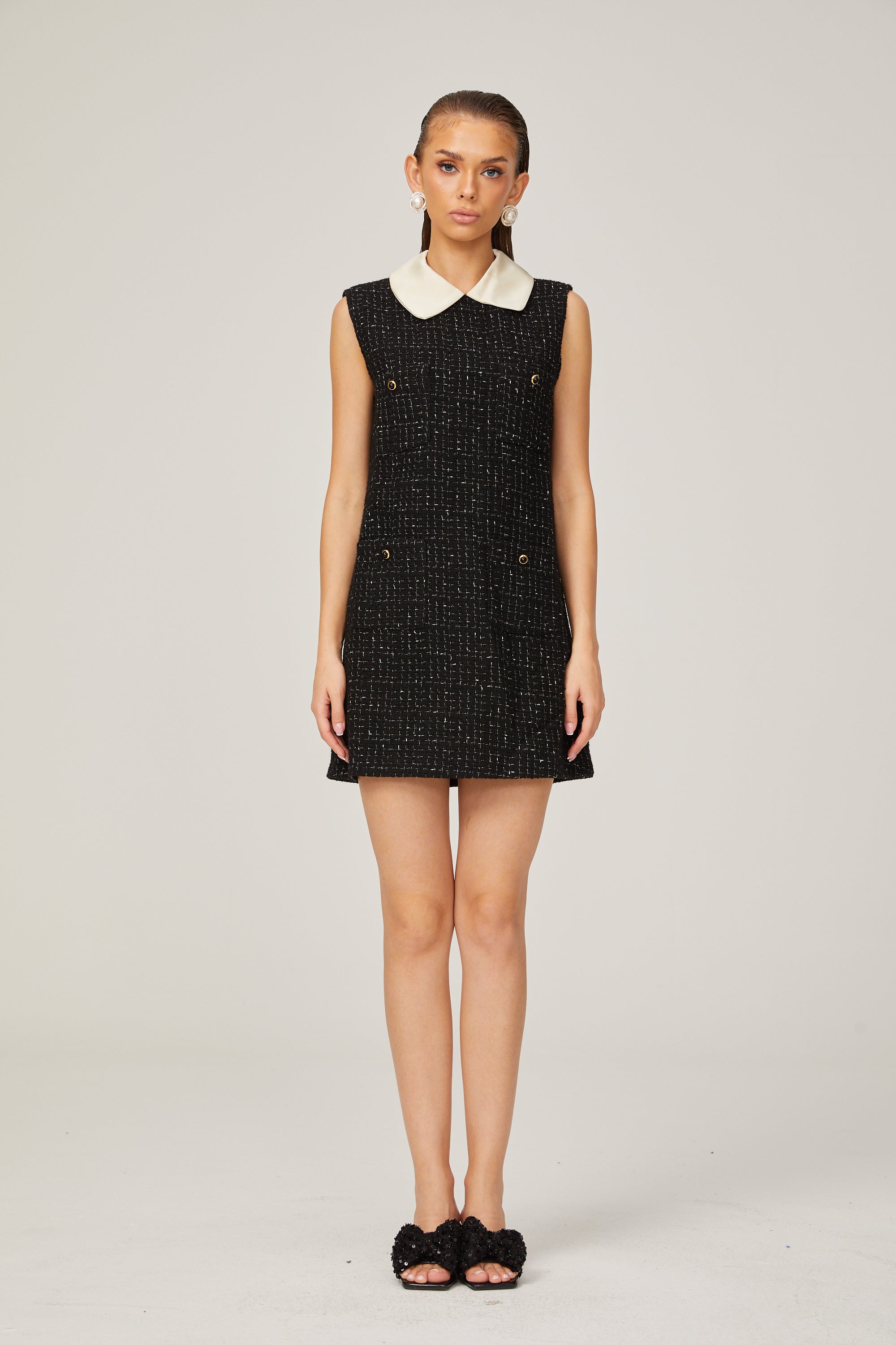 Claudine black sleeveless checked tweed mini dress