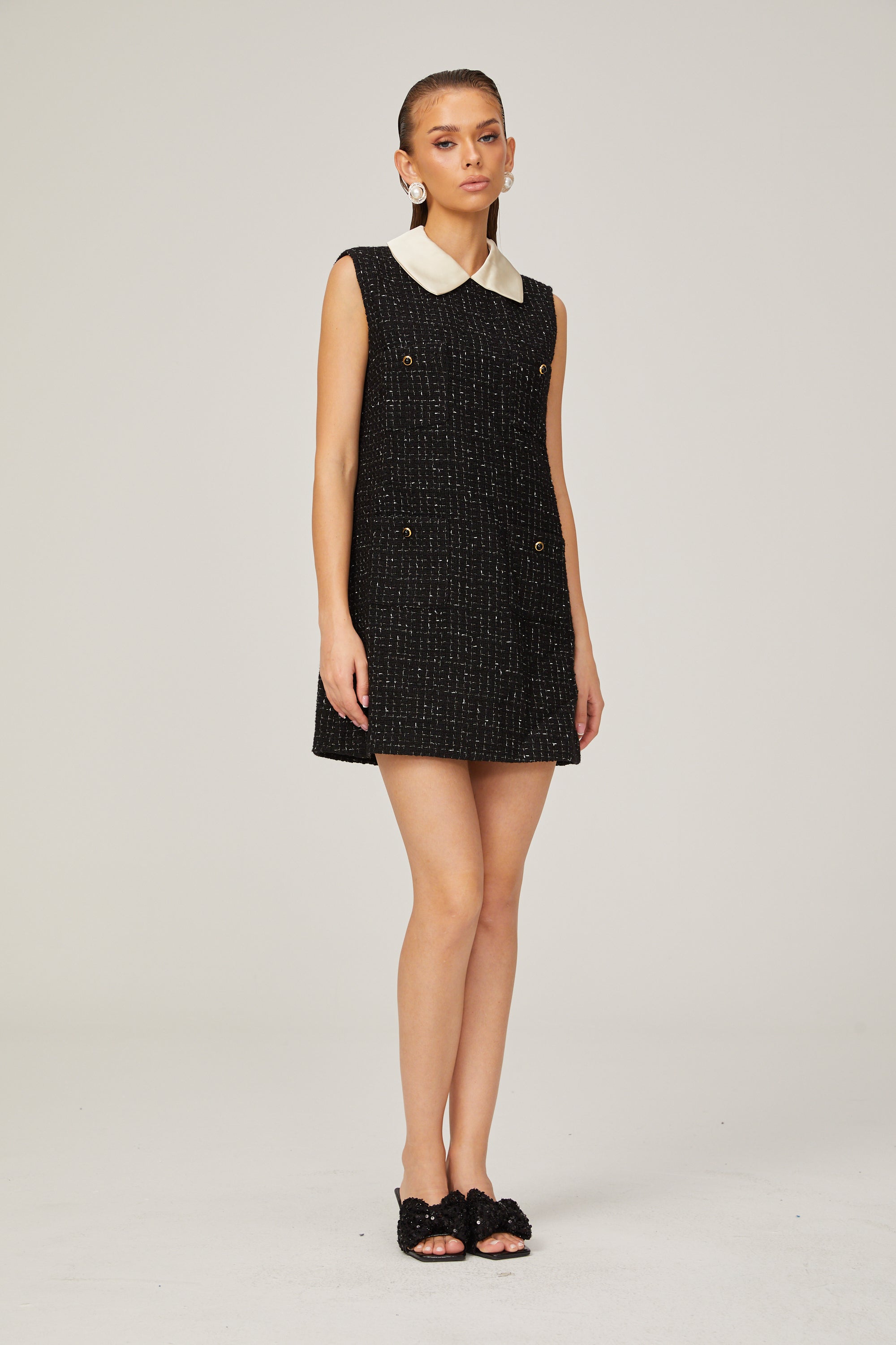 Claudine black sleeveless checked tweed mini dress