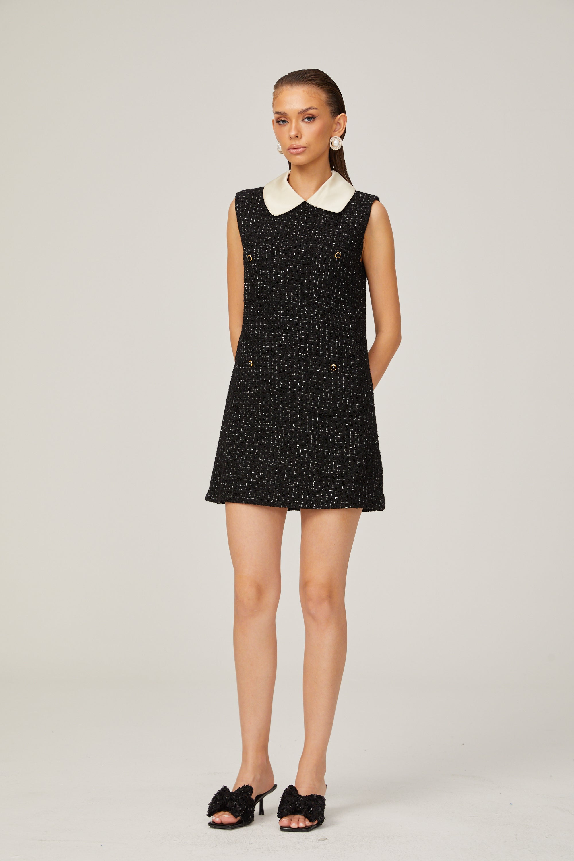 Claudine black sleeveless checked tweed mini dress