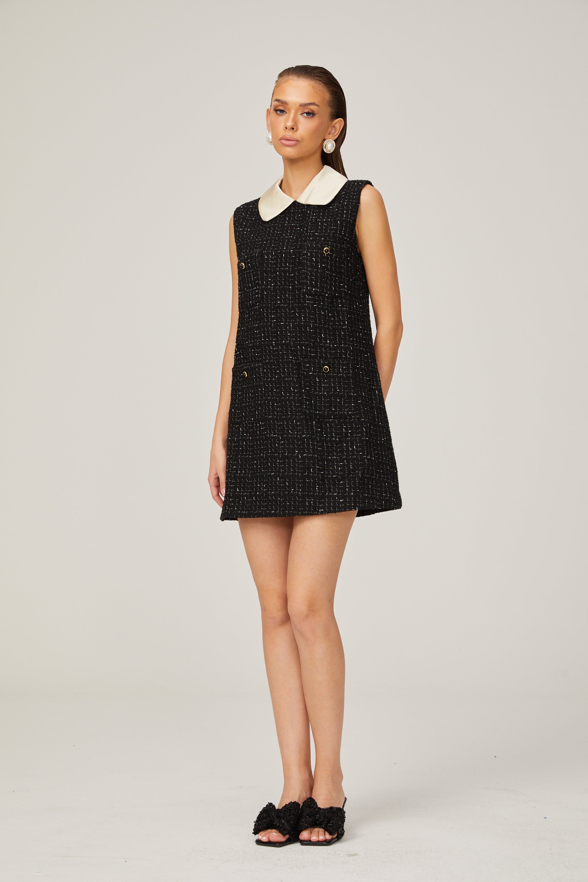 Claudine black sleeveless checked tweed mini dress