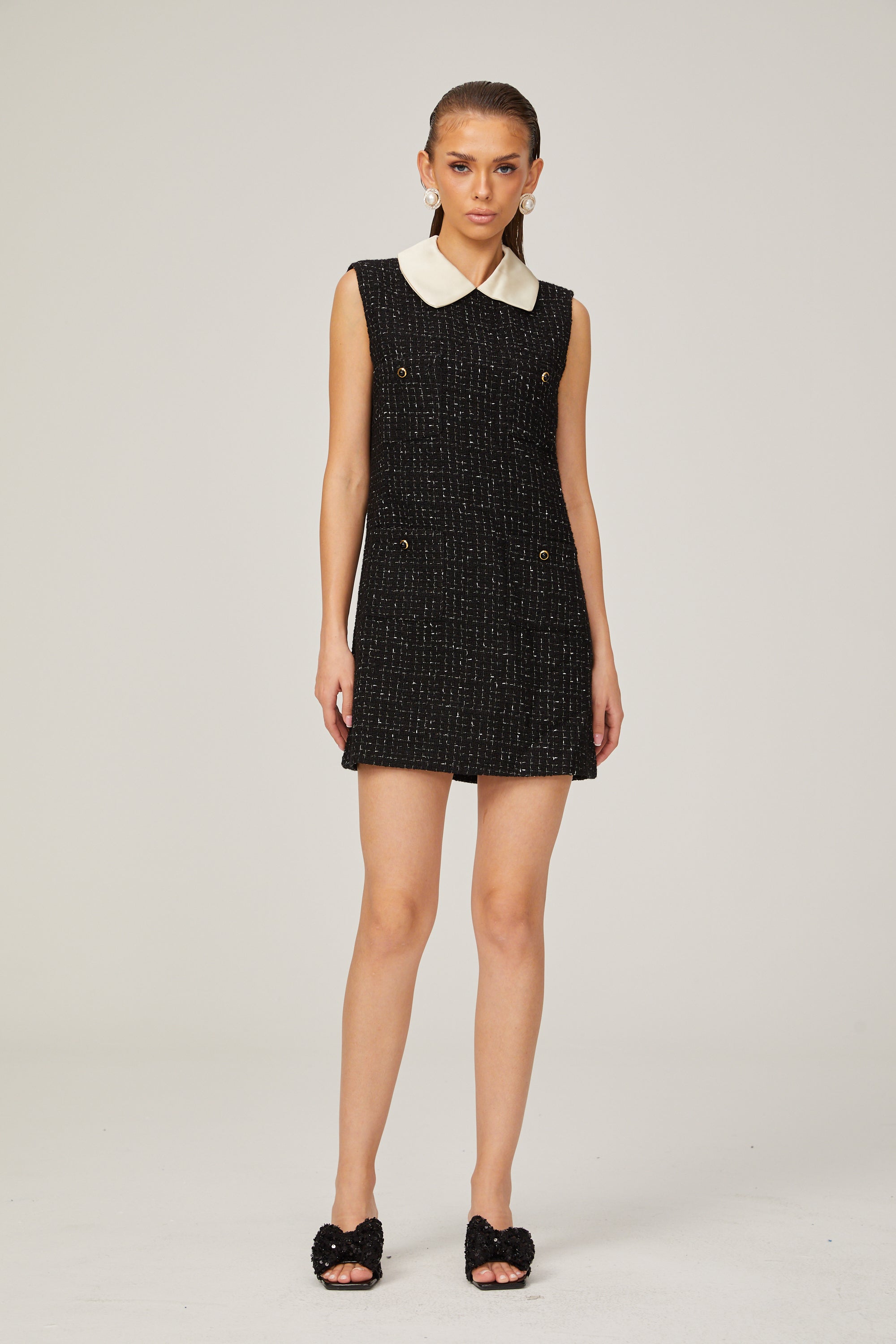 Claudine black sleeveless checked tweed mini dress