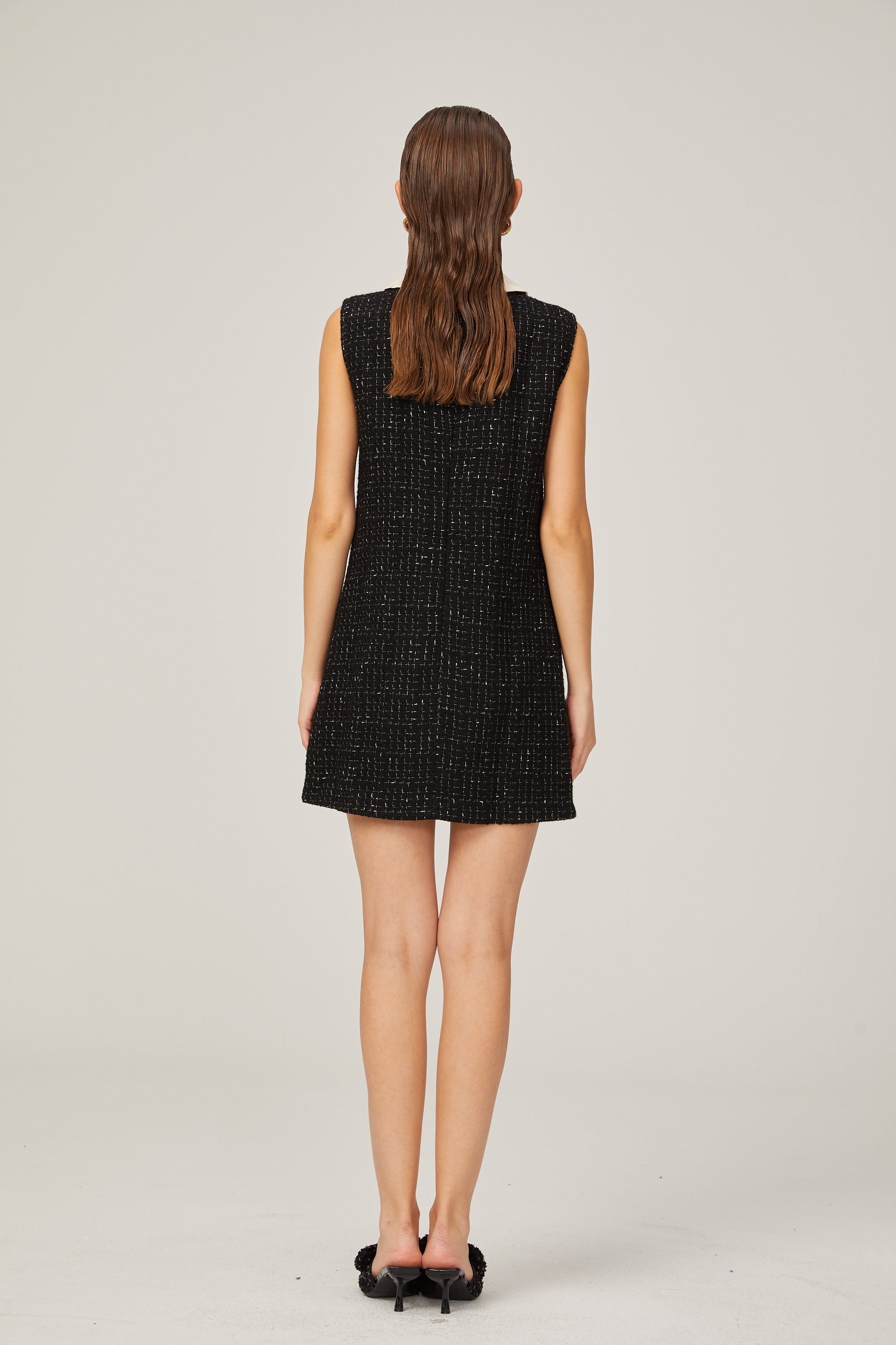 Claudine black sleeveless checked tweed mini dress