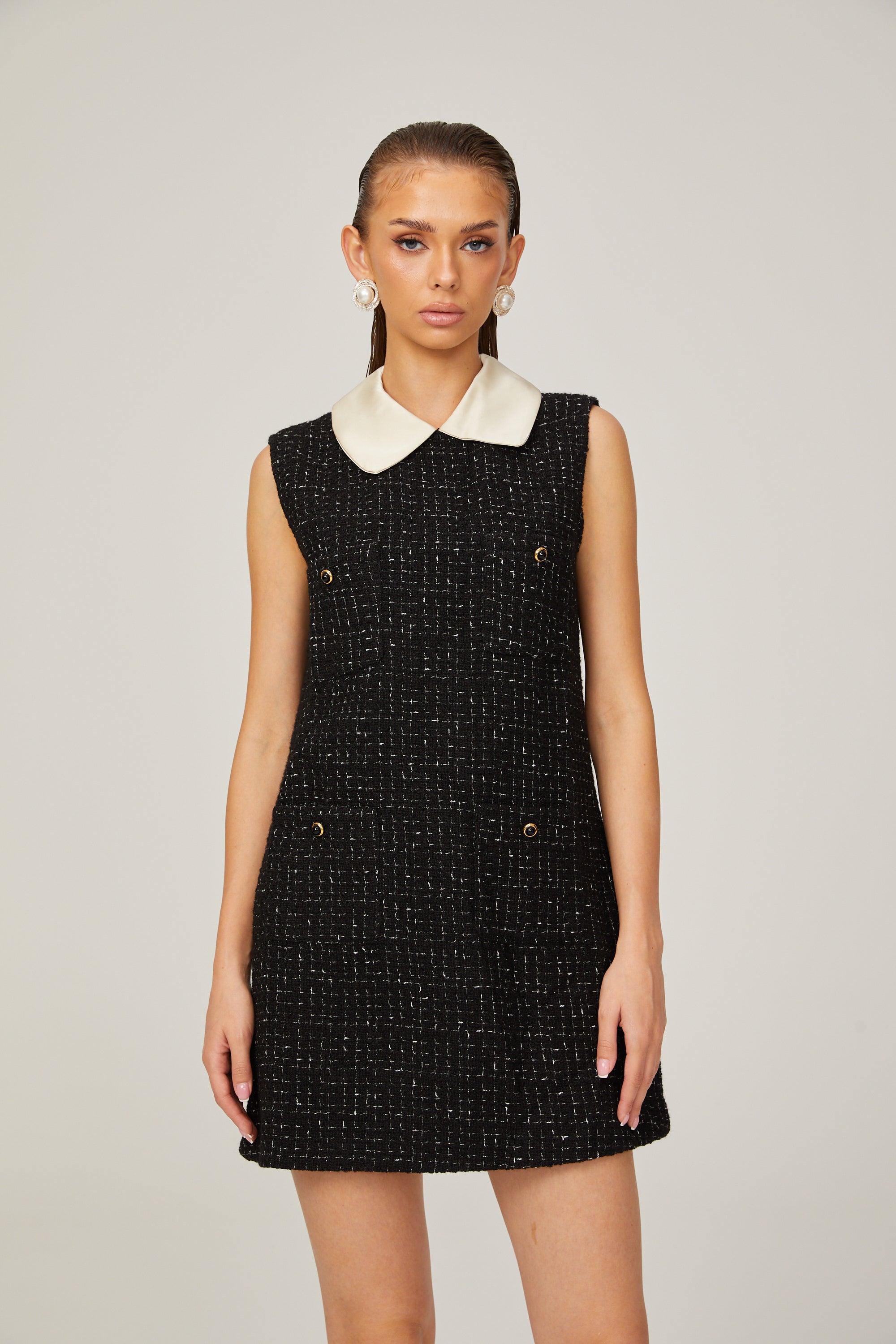 Claudine black sleeveless checked tweed mini dress