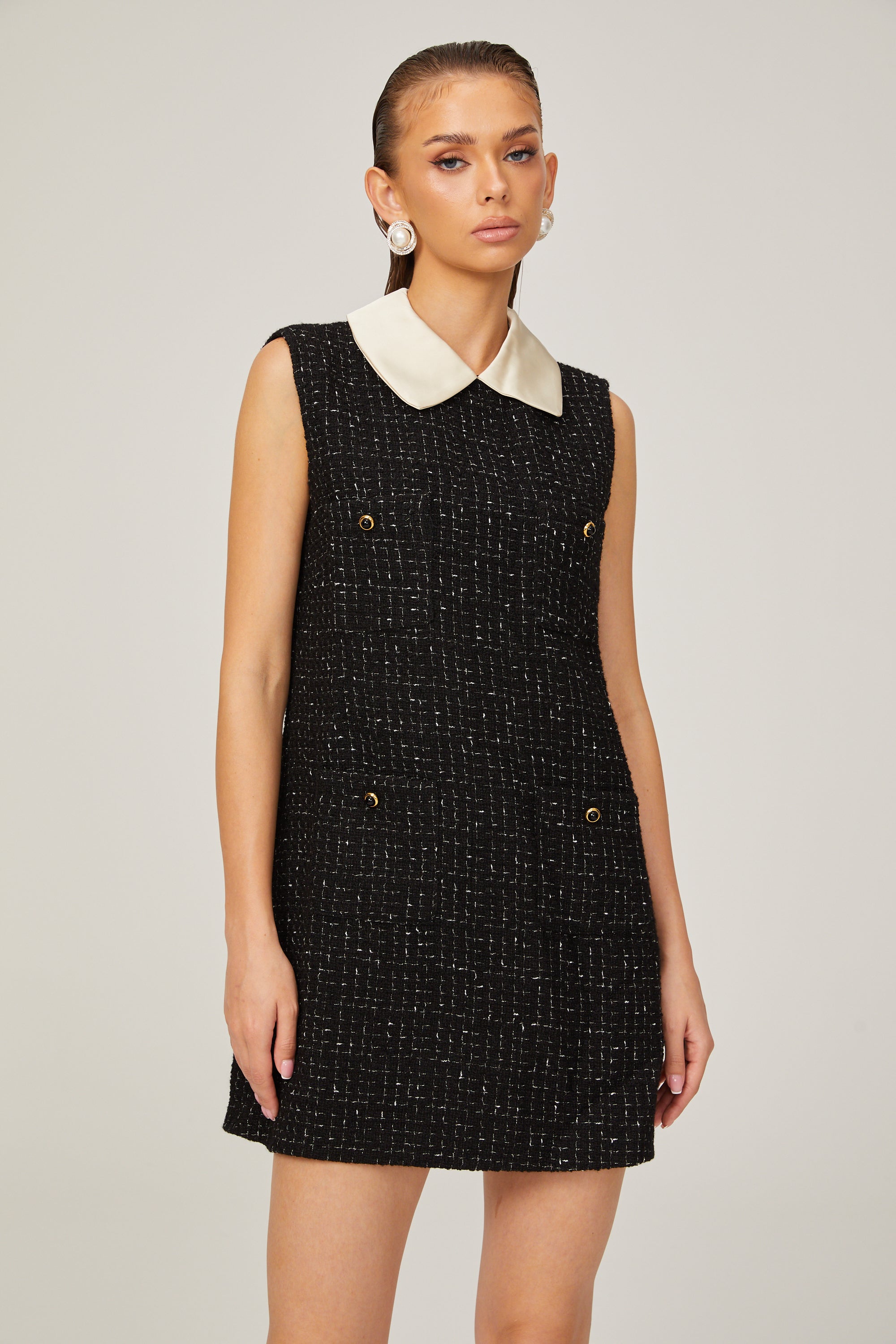 Claudine black sleeveless checked tweed mini dress