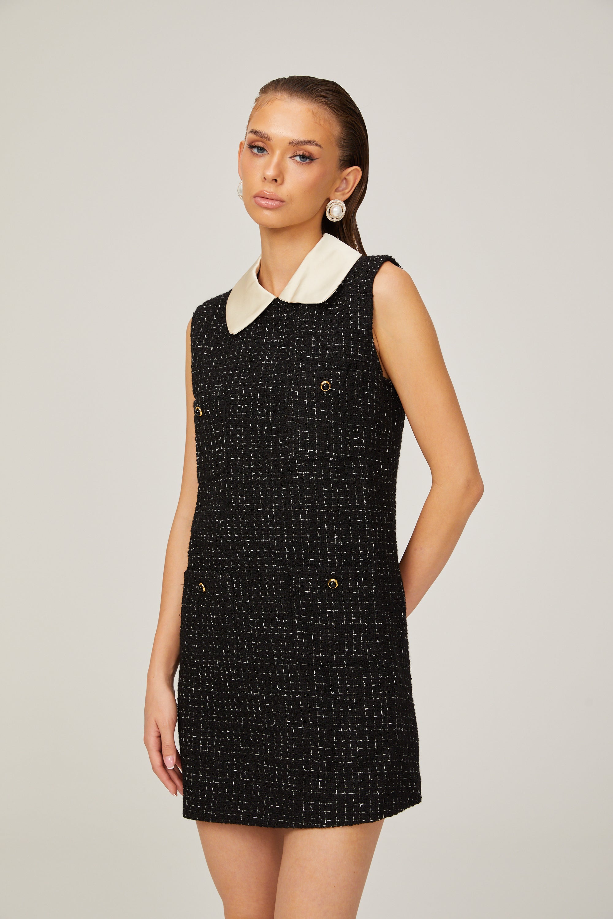 Claudine black sleeveless checked tweed mini dress