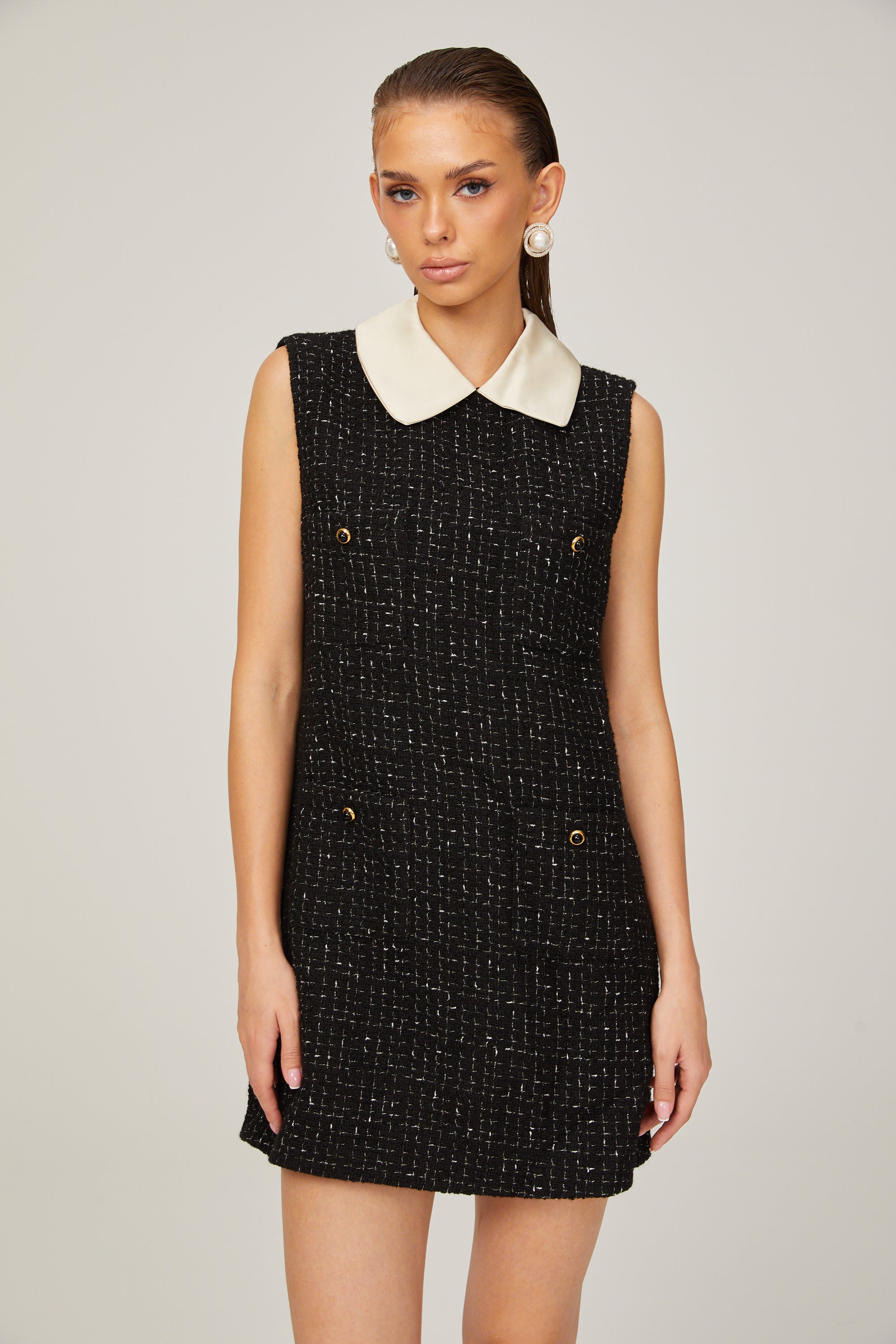 Claudine black sleeveless checked tweed mini dress