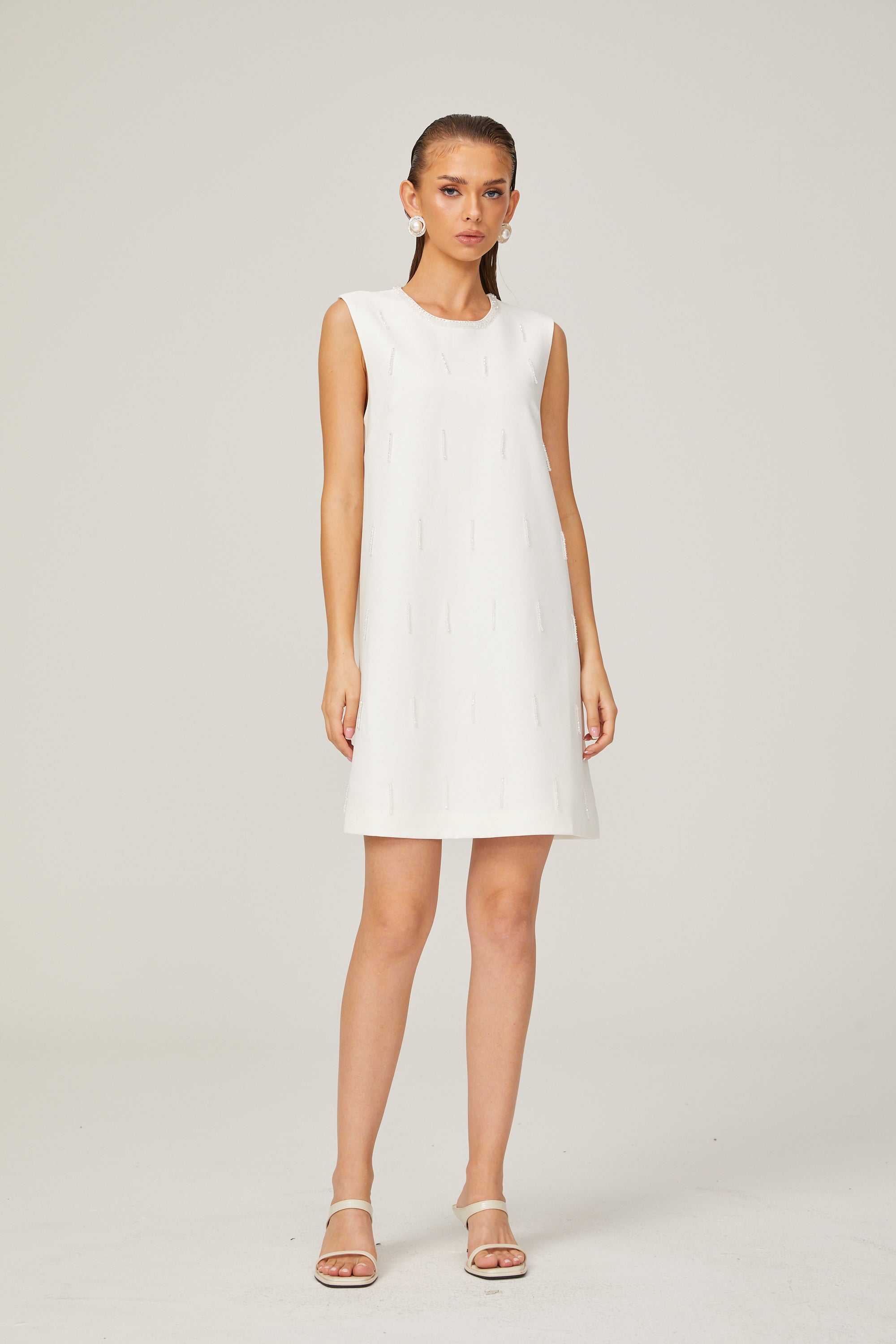 Elisabeth A-line sleeveless beaded tweed mini dress in White