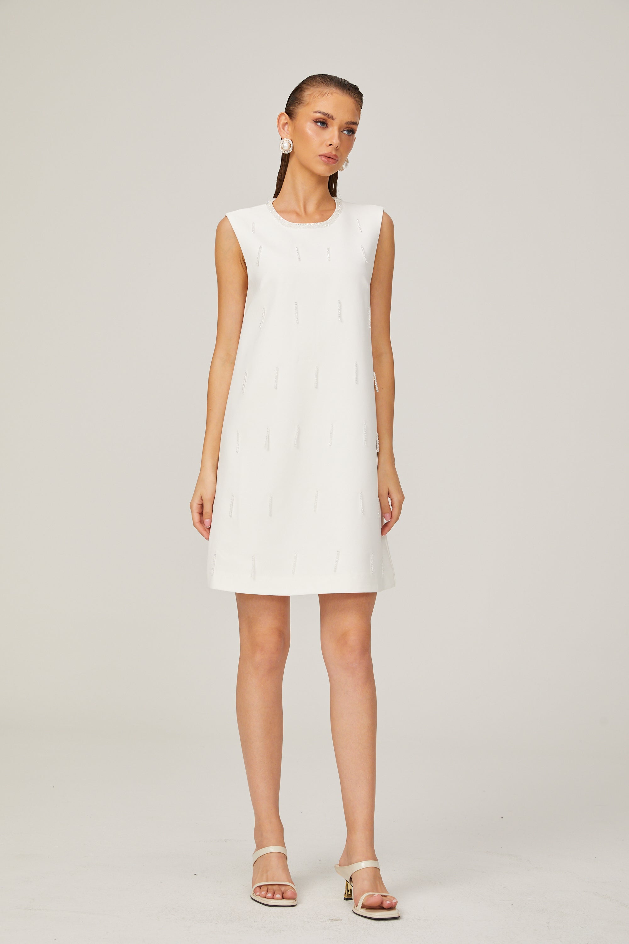 Elisabeth A-line sleeveless beaded tweed mini dress in White